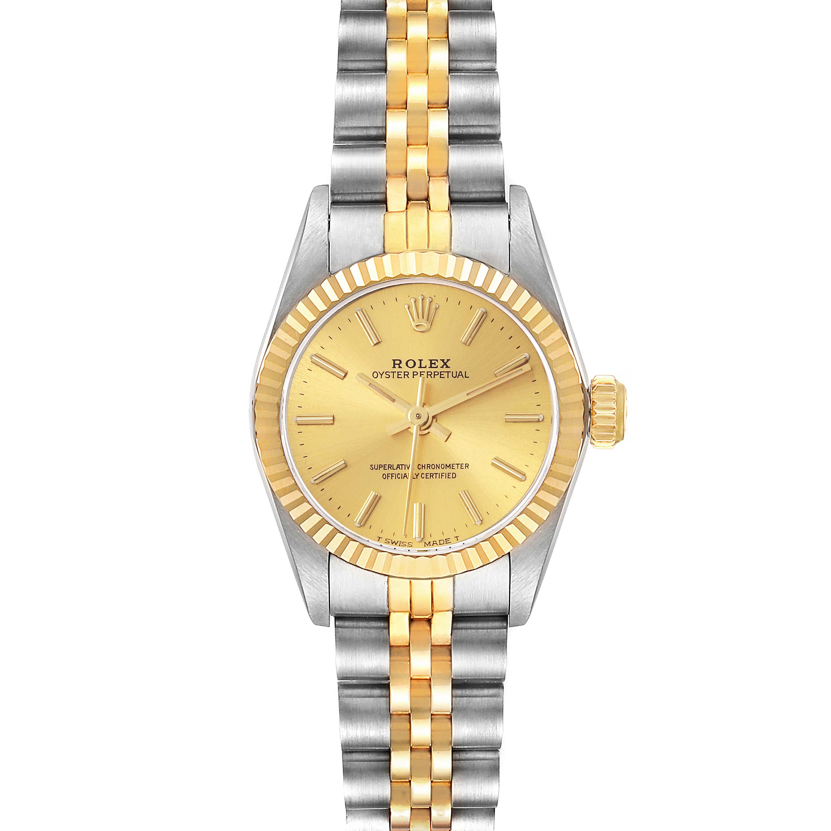 The Rolex Oyster Perpetual 67193 Women's Steel and Gold (two tone) Champagne Dial 67193 Women's Steel and Gold (two tone) Champagne Dial watch is shown from the front, highlighting the dial, bezel, and bracelet.
