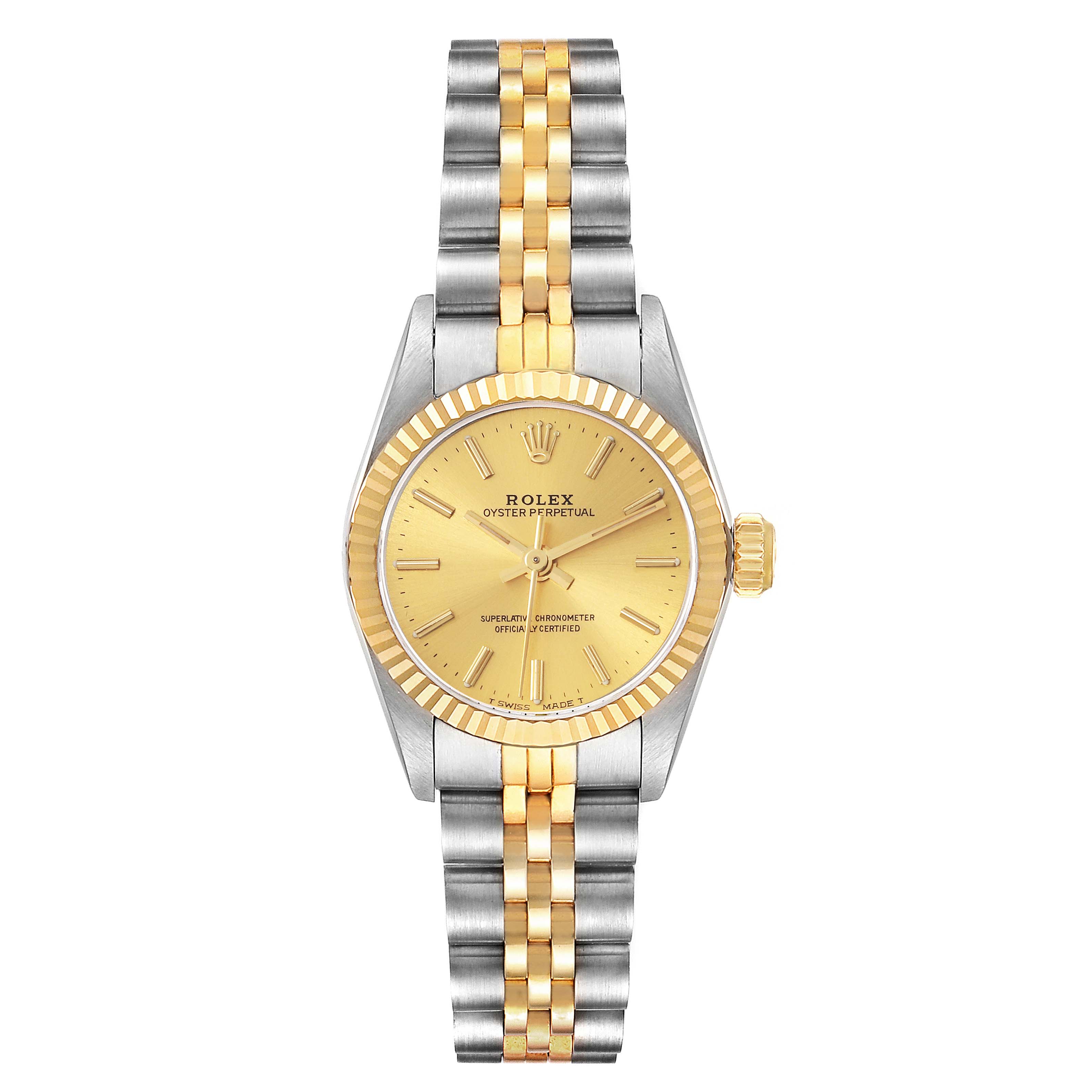 The Rolex Oyster Perpetual 67193 Women's Steel and Gold (two tone) Champagne Dial 67193 Women's Steel and Gold (two tone) Champagne Dial watch is shown from a top-down angle, displaying its face, bezel, and full bracelet.