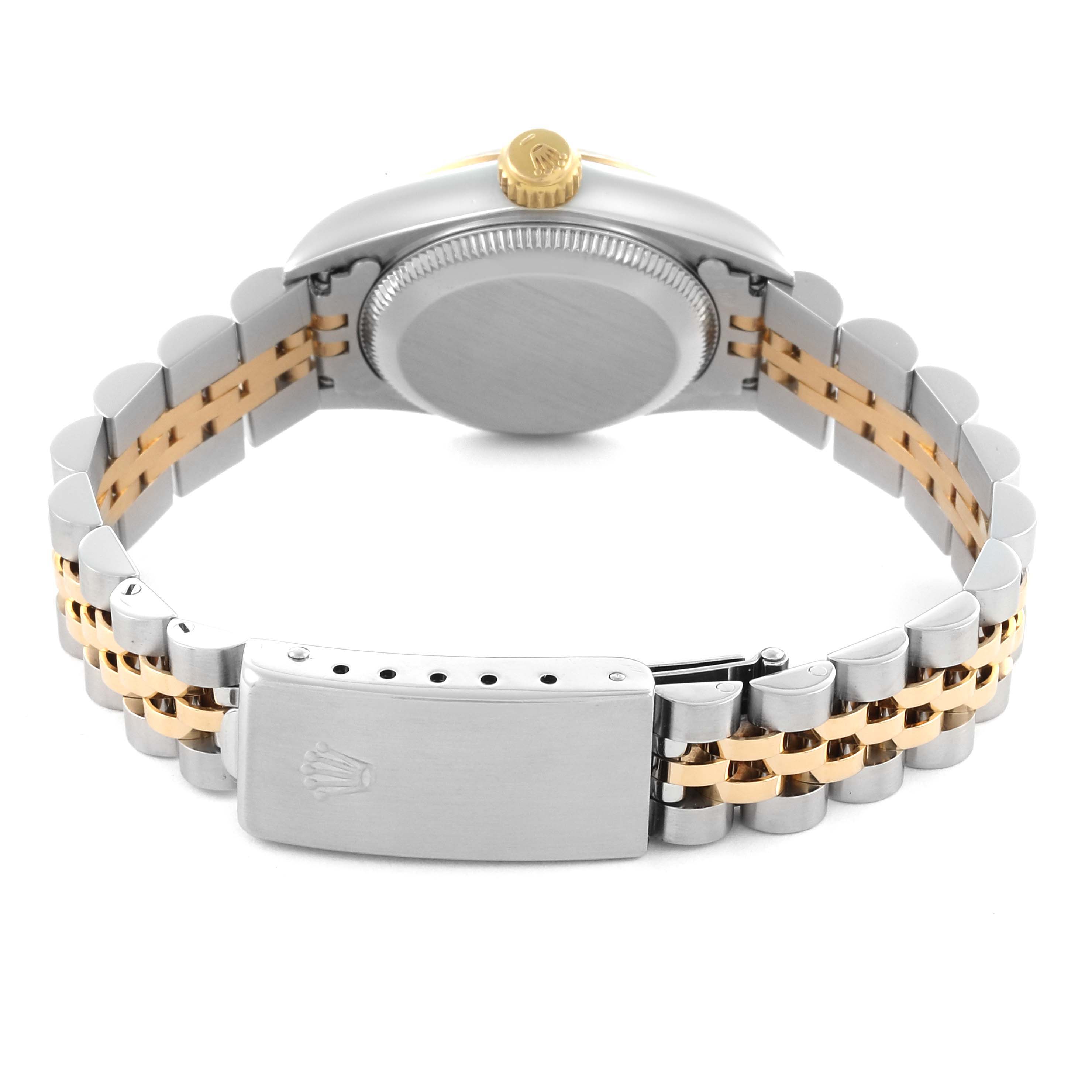 The image shows the back case, clasp, and bracelet of a Rolex Oyster Perpetual 67193 Women's Steel and Gold (two tone) Champagne Dial 67193 Women's Steel and Gold (two tone) Champagne Dial watch from a rear angle.