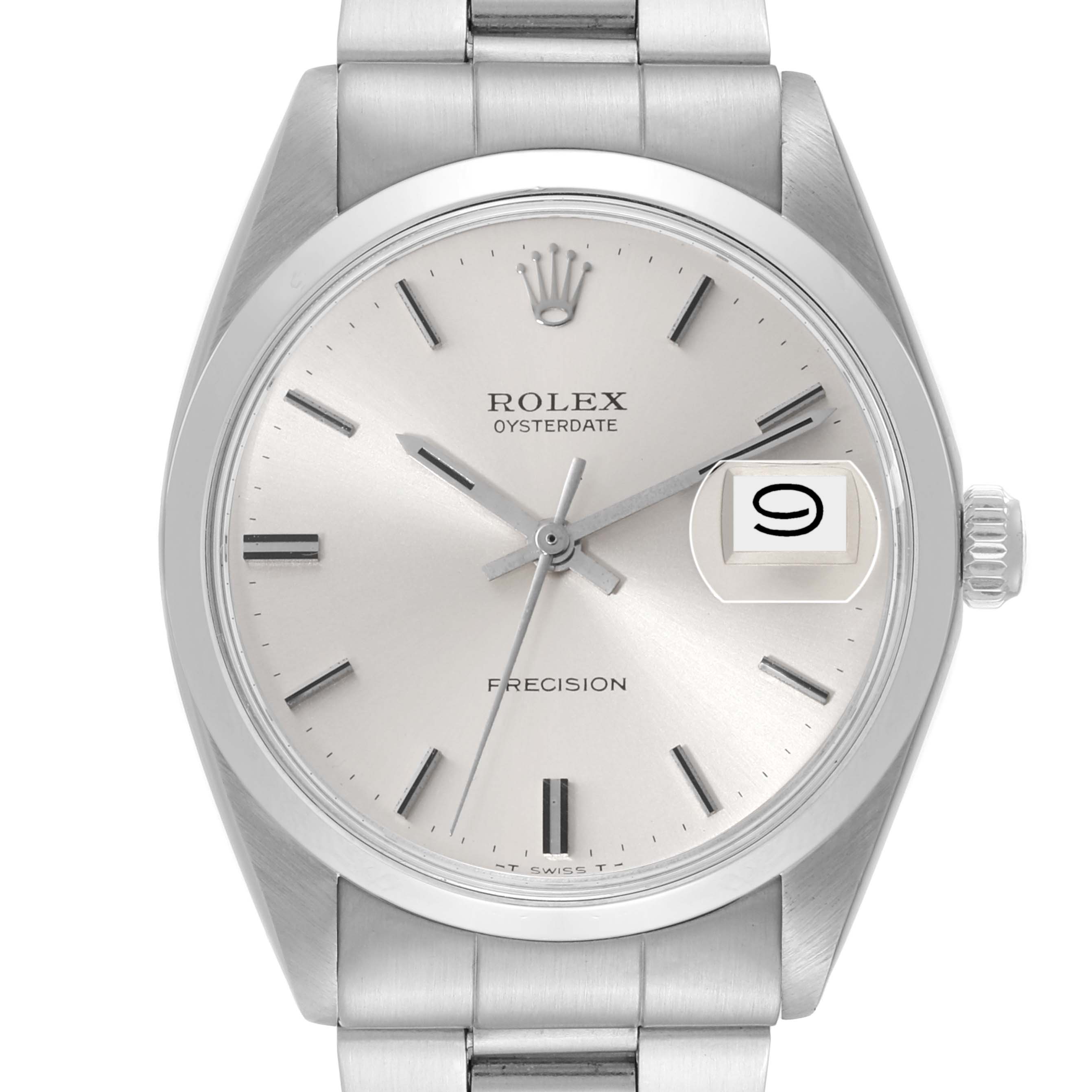 The image shows a front view of a Rolex Vintage Collection 6694 Men's Stainless Steel Silver Dial 6694 Men's Stainless Steel Silver Dial Oysterdate watch, featuring the dial, hands, date window, and part of the bracelet.