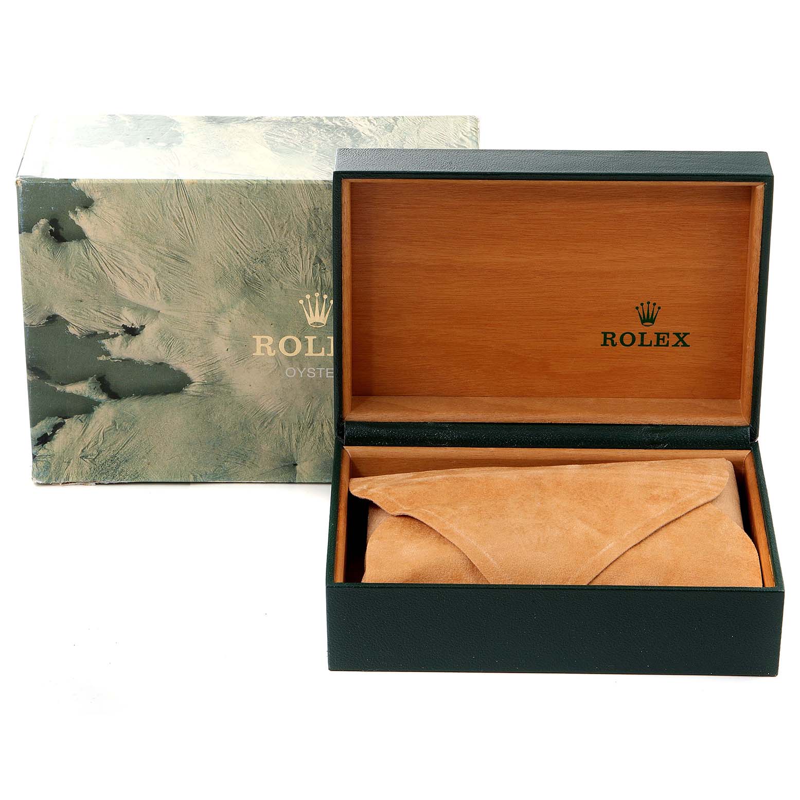 The image shows the Rolex Oysterquartz 17013 Men's Steel and Gold (two tone) Blue Dial 17013 Men's Steel and Gold (two tone) Blue Dial watch packaging with an open box and a suede pouch inside, alongside an outer cardboard box.