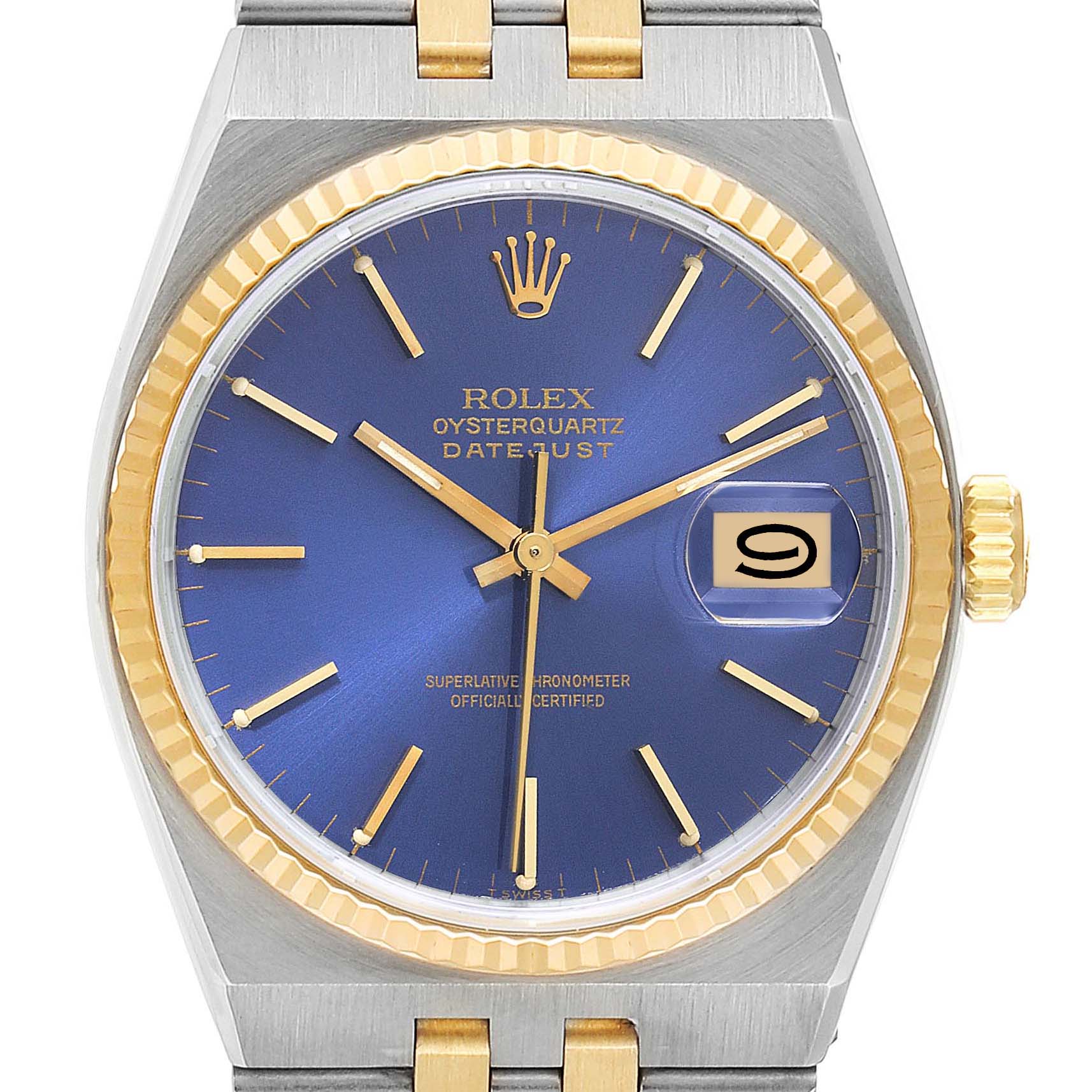The image shows the dial of the Rolex Oysterquartz 17013 Men's Steel and Gold (two tone) Blue Dial 17013 Men's Steel and Gold (two tone) Blue Dial Datejust watch, featuring a blue face, gold accents, and a date window at 3 o'clock.