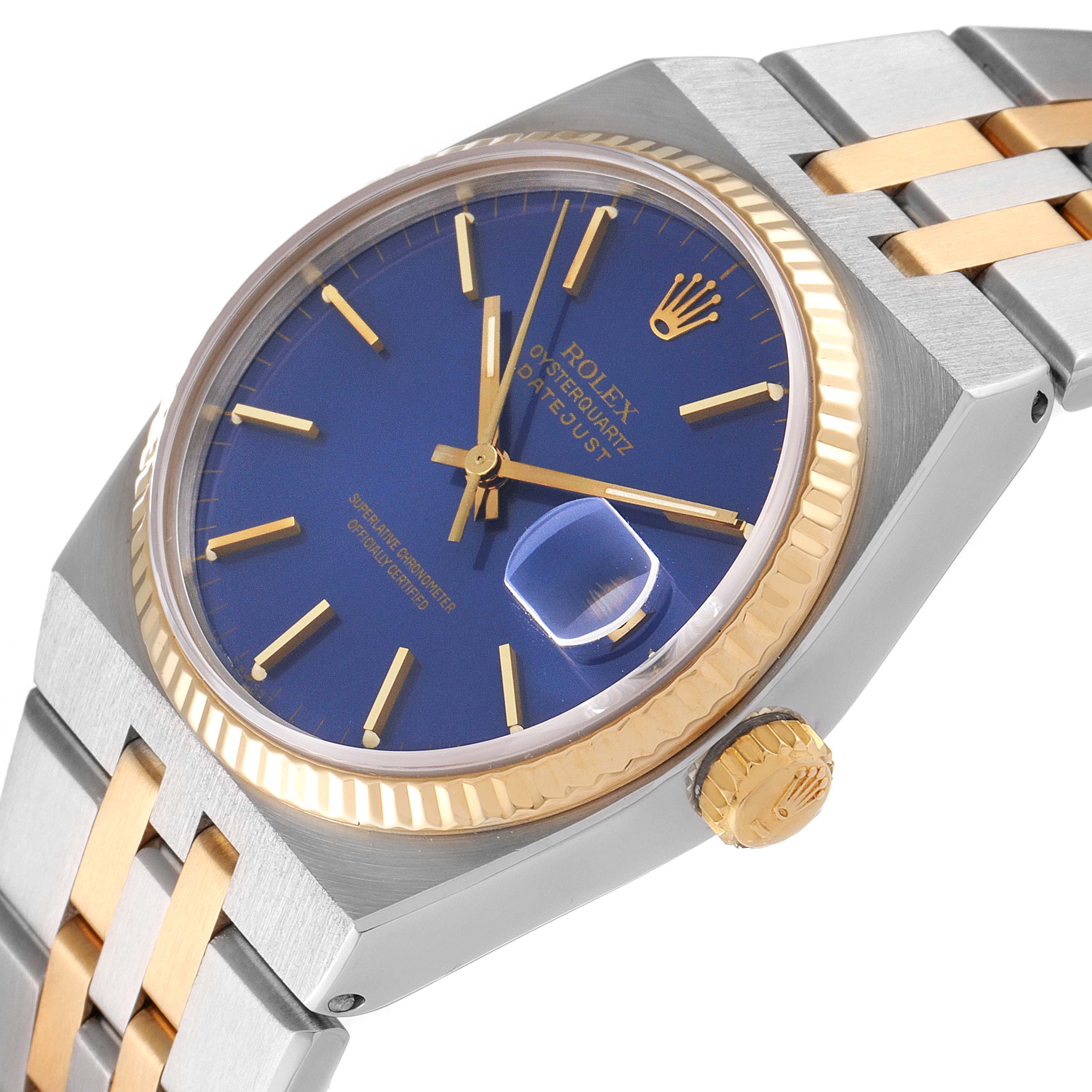 The image shows a close-up of a Rolex Oysterquartz 17013 Men's Steel and Gold (two tone) Blue Dial 17013 Men's Steel and Gold (two tone) Blue Dial watch, highlighting the blue dial, gold hands and markers, bezel, and two-tone bracelet.
