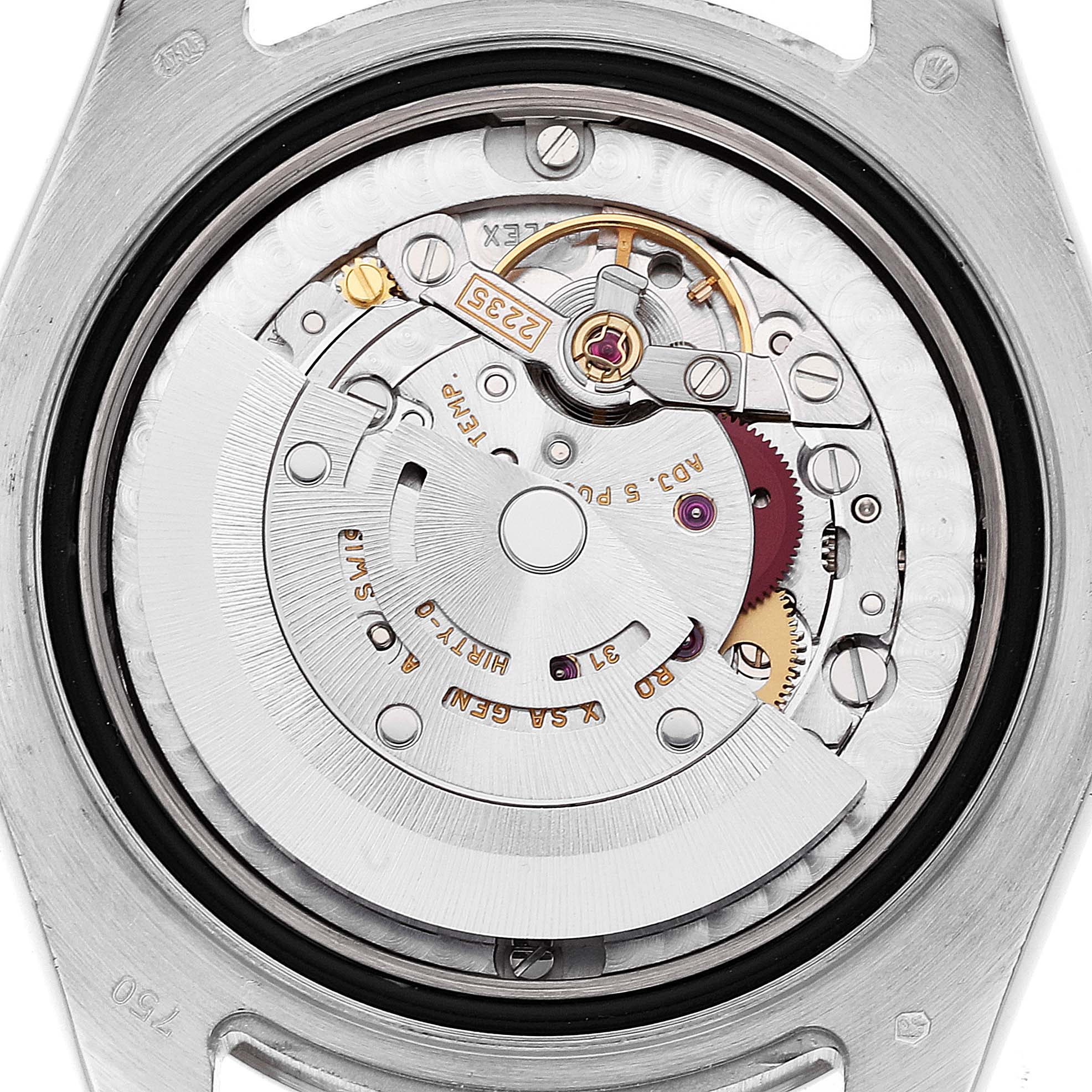 The image shows the internal movement mechanism of the Rolex Pearlmaster 81339 Women's White Gold Mother of Pearl Dial 81339 Women's White Gold Mother of Pearl Dial watch, viewed from the case back.