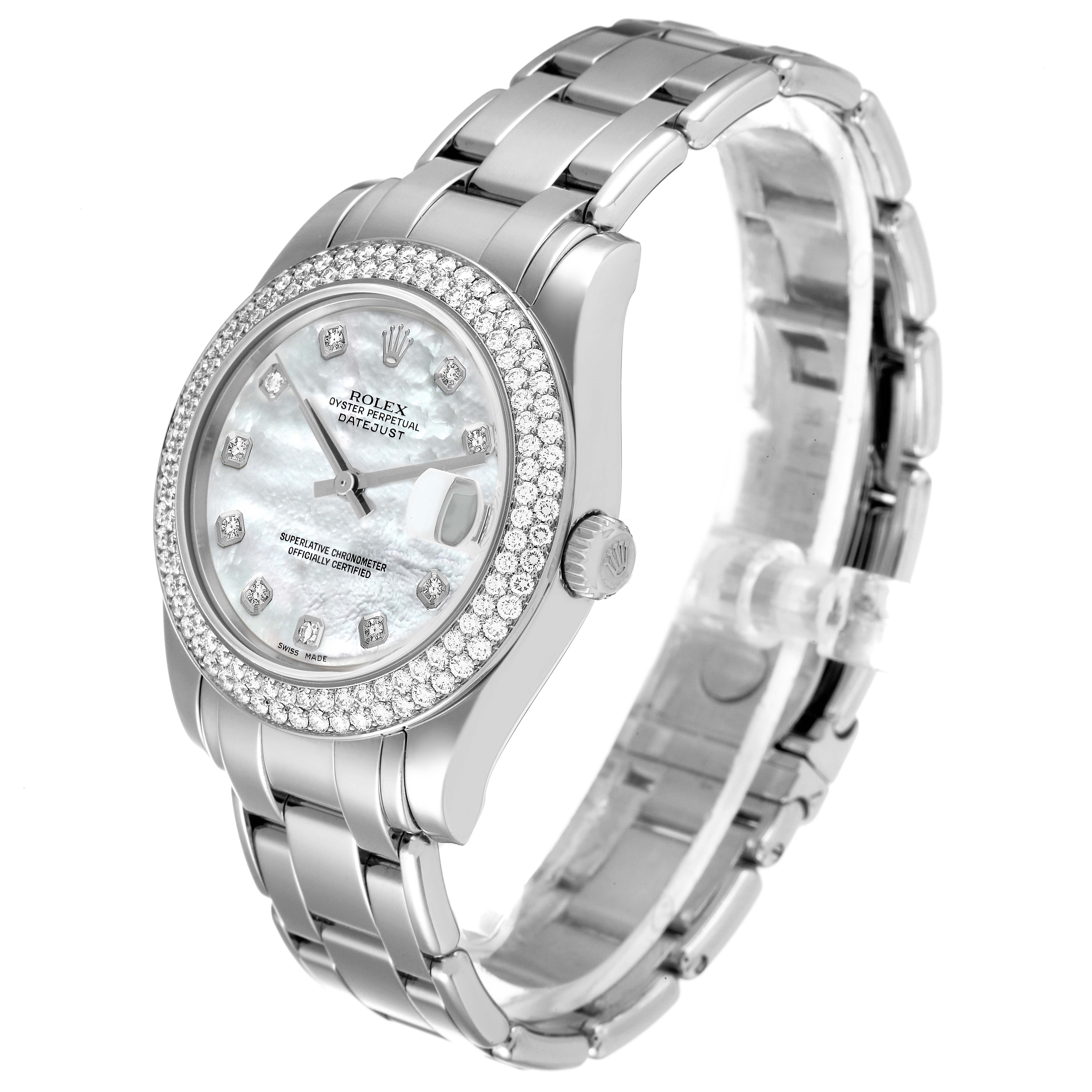 The Rolex Pearlmaster 81339 Women's White Gold Mother of Pearl Dial 81339 Women's White Gold Mother of Pearl Dial model is shown at a slight angle, displaying the dial, bezel, crown, and part of the bracelet.
