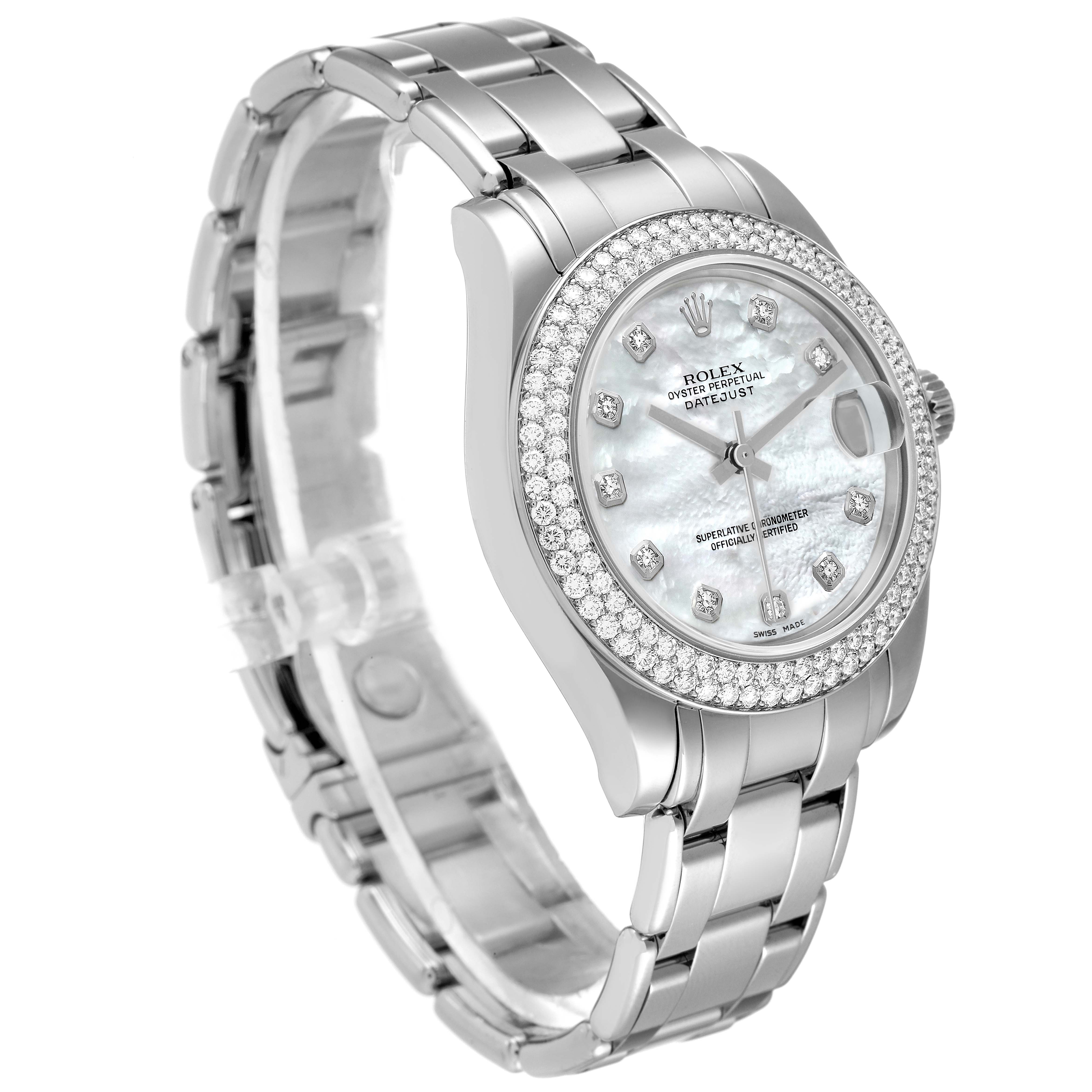 The image shows a Rolex Pearlmaster 81339 Women's White Gold Mother of Pearl Dial 81339 Women's White Gold Mother of Pearl Dial watch, highlighting its face, bezel, bracelet, and side crown from an angled side view.