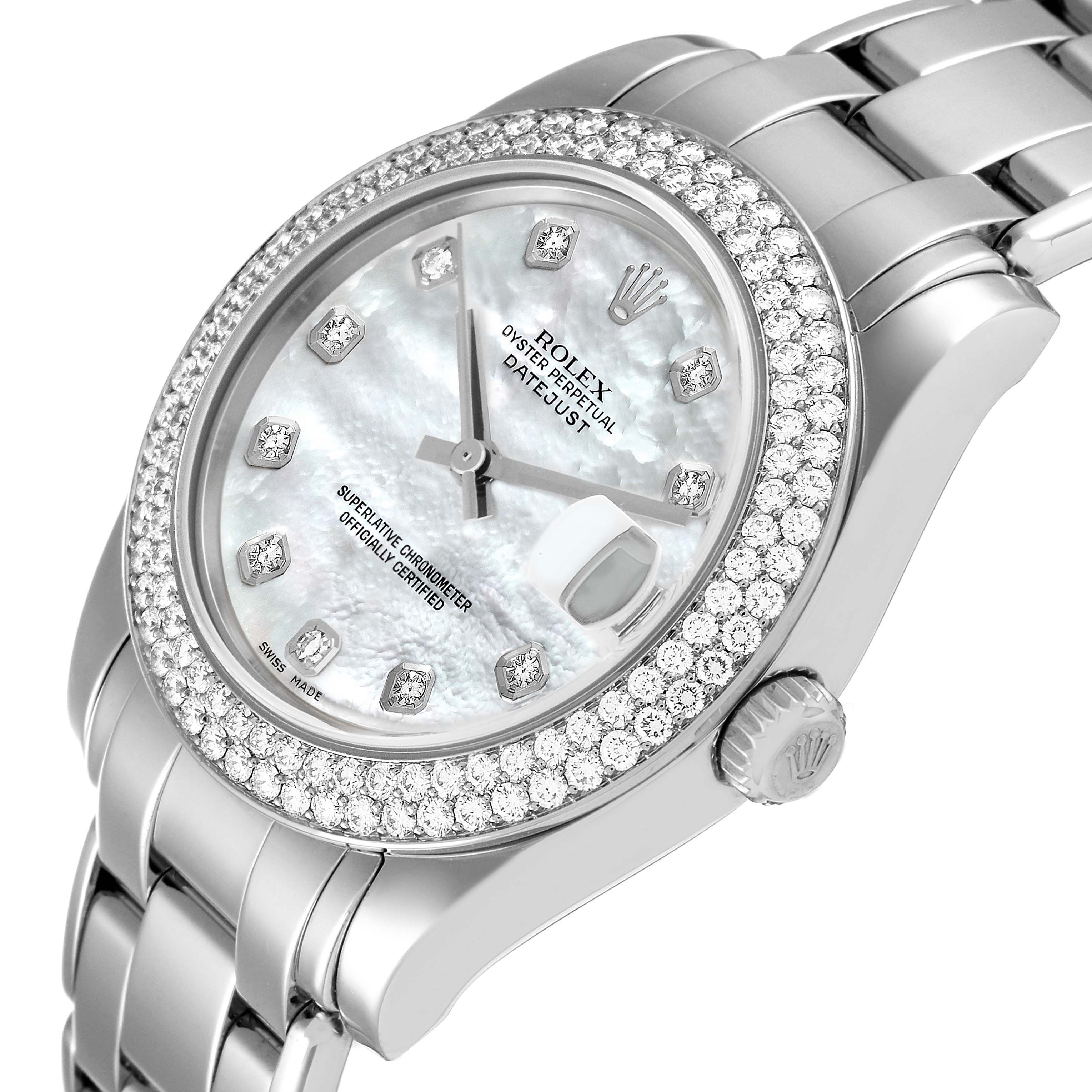 This image shows a Rolex Pearlmaster 81339 Women's White Gold Mother of Pearl Dial 81339 Women's White Gold Mother of Pearl Dial watch at an angled, close-up view highlighting the dial, bezel, crown, and part of the bracelet.