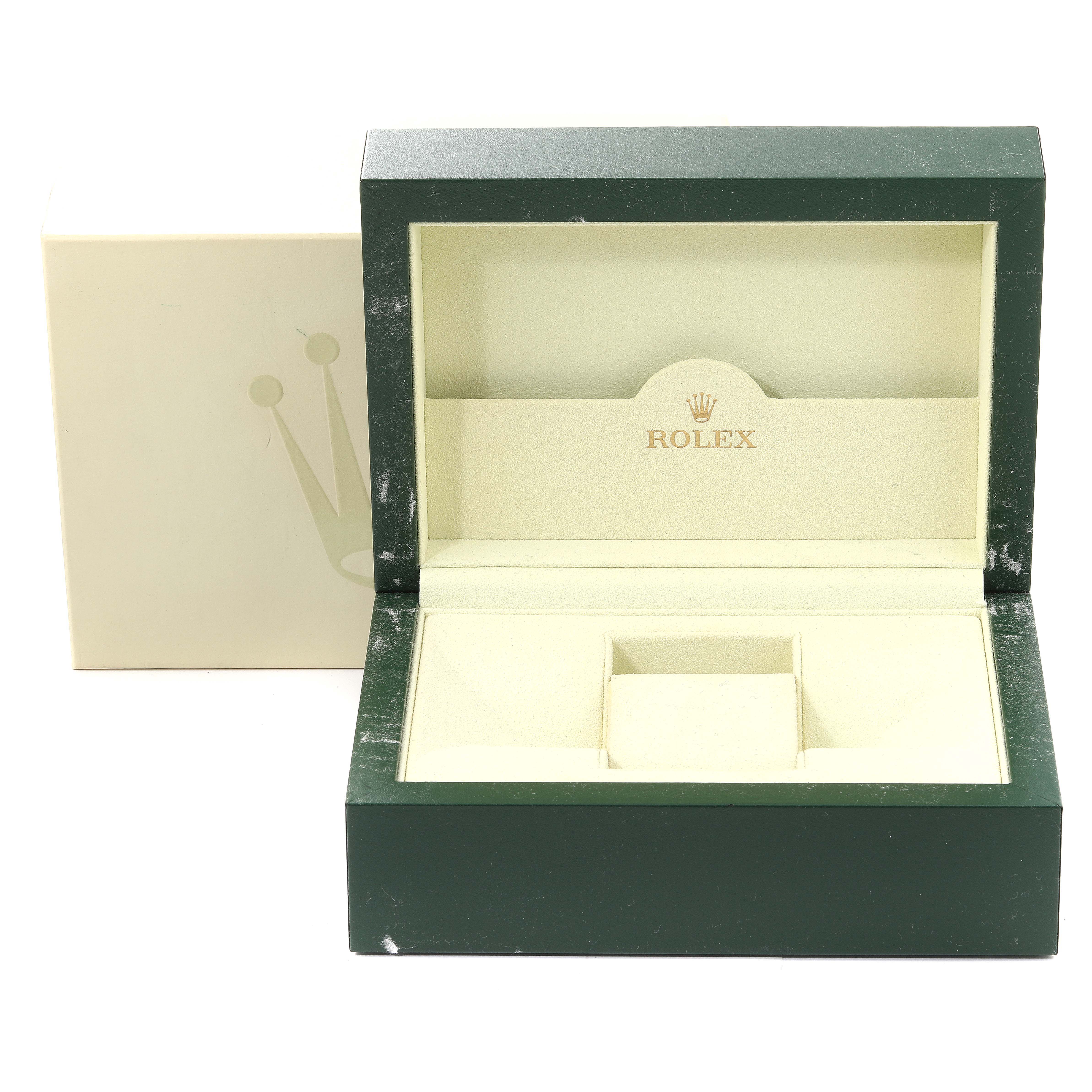 This image shows a green Rolex watch box for the Pearlmaster model, opened to display the inner compartments.