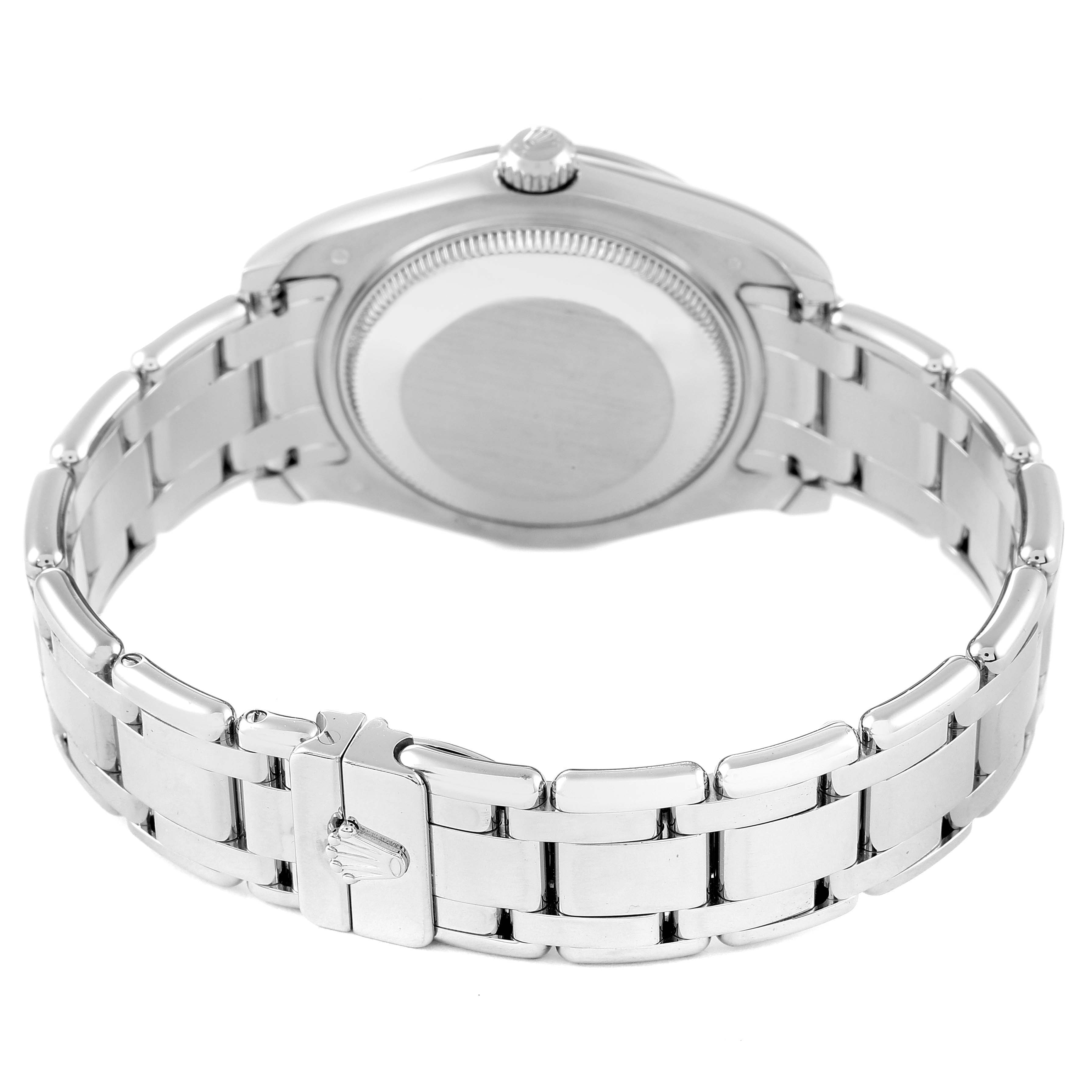 The image shows the back view of a Rolex Pearlmaster 81339 Women's White Gold Mother of Pearl Dial 81339 Women's White Gold Mother of Pearl Dial watch, highlighting the bracelet and clasp.