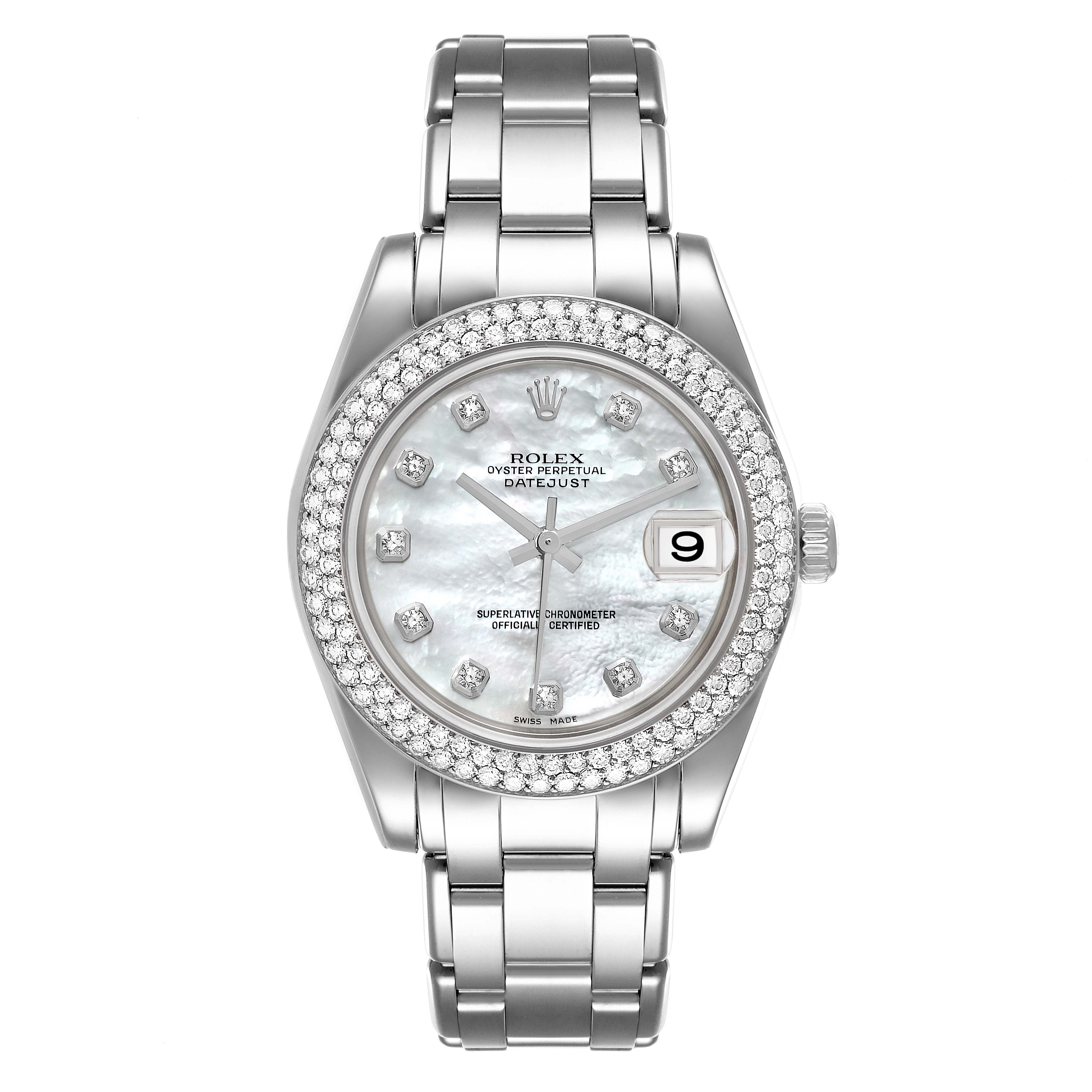 The image shows a front view of the Rolex Pearlmaster 81339 Women's White Gold Mother of Pearl Dial 81339 Women's White Gold Mother of Pearl Dial watch, displaying its face, bezel, dial, and bracelet.