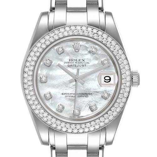 Photo of Rolex Pearlmaster 34 18k White Gold MOP Diamond Dial Ladies Watch 81339