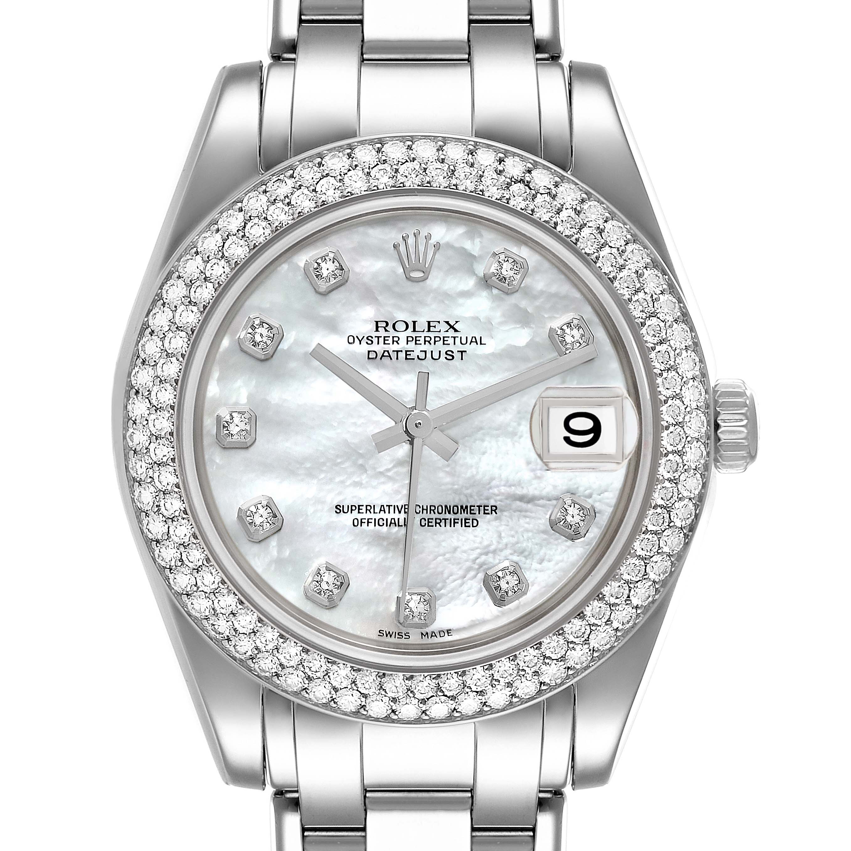 This image shows a front view of a Rolex Pearlmaster 81339 Women's White Gold Mother of Pearl Dial 81339 Women's White Gold Mother of Pearl Dial watch, highlighting its diamond-studded bezel and mother-of-pearl dial.