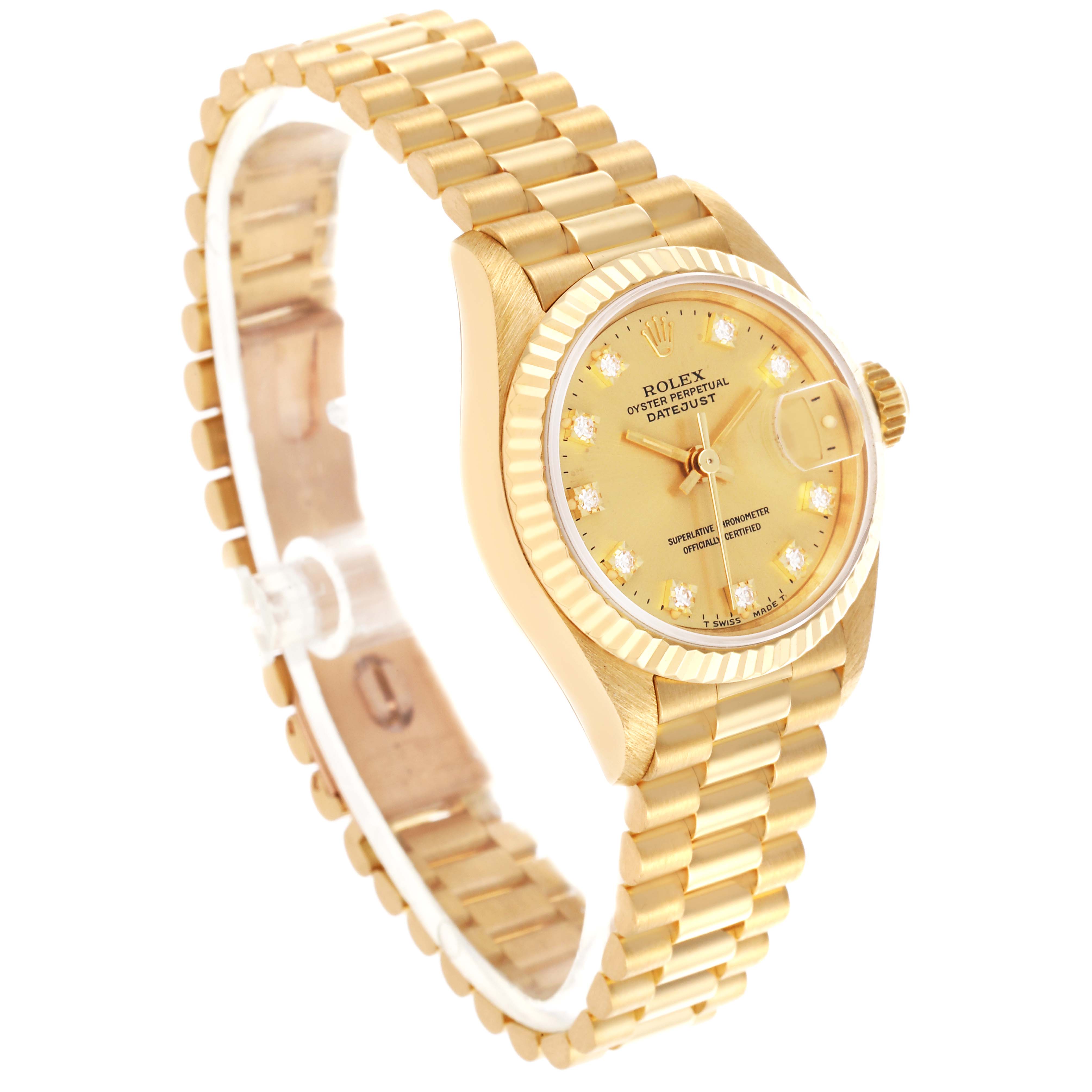 The Rolex President 69178 Women's Yellow Gold Champagne Dial 69178 Women's Yellow Gold Champagne Dial watch is shown at a three-quarter angle, displaying its bracelet, case, dial, and crown.