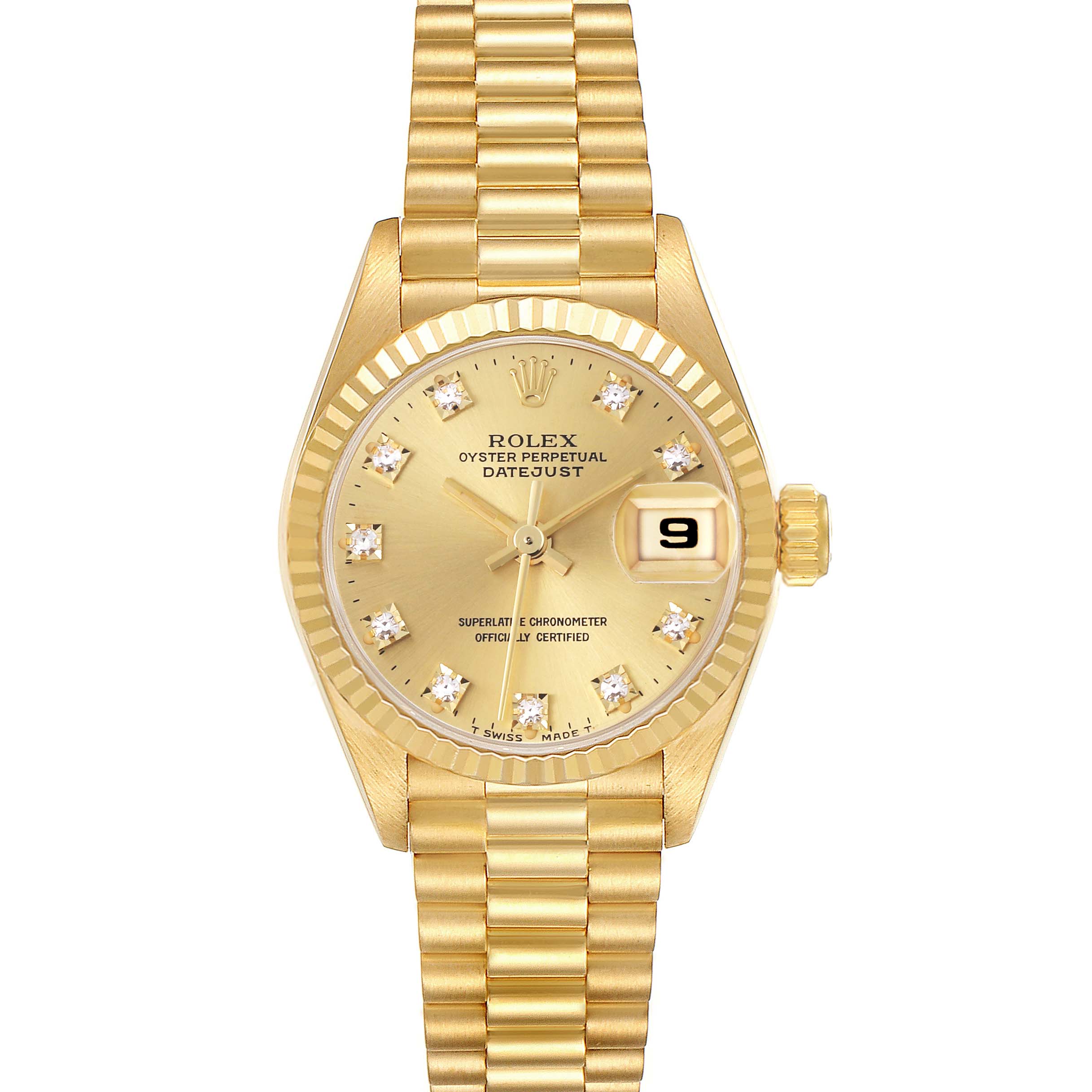 The Rolex President 69178 Women's Yellow Gold Champagne Dial 69178 Women's Yellow Gold Champagne Dial model is shown from the front, displaying the dial, fluted bezel, and bracelet.