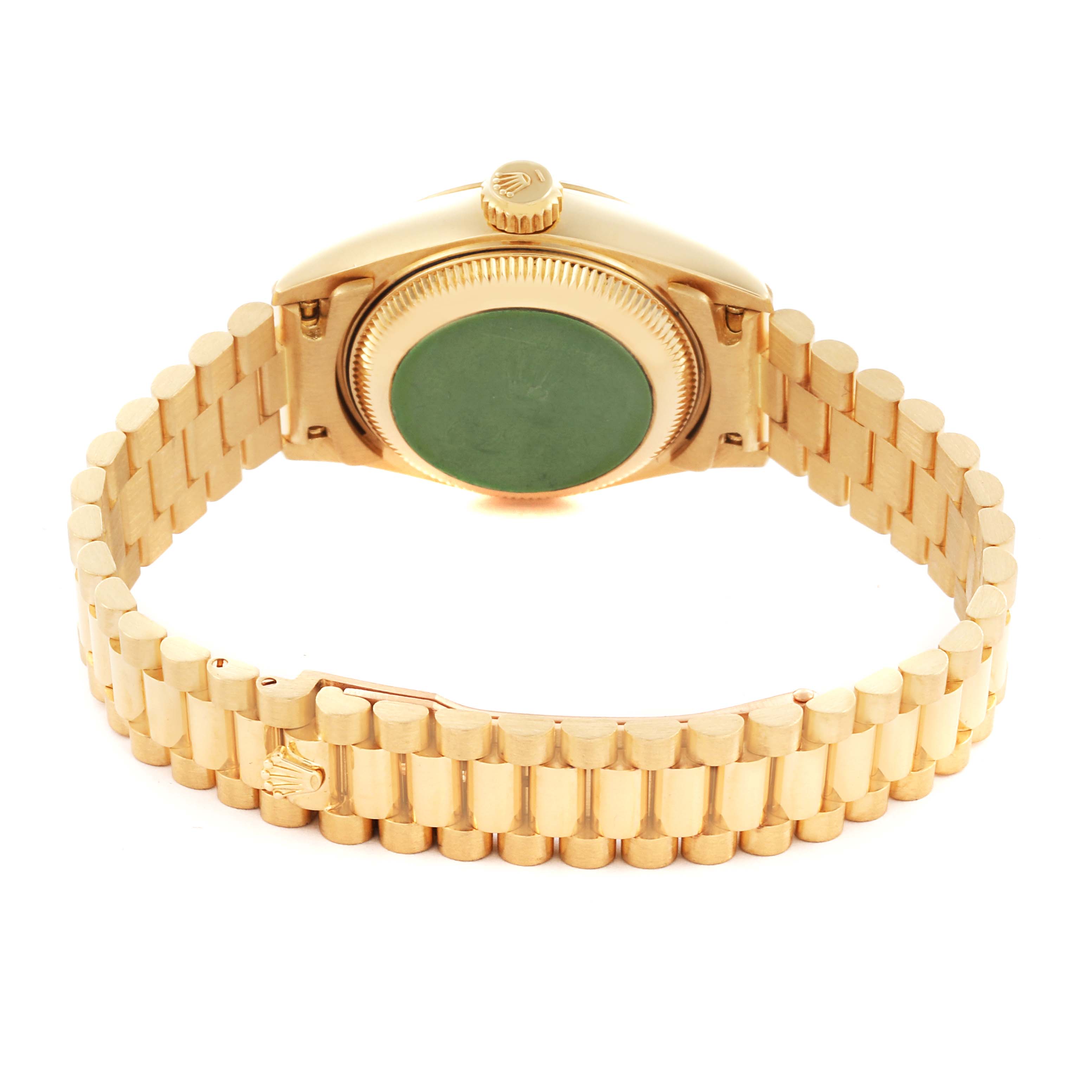 The image shows the back and bracelet of a Rolex President 69178 Women's Yellow Gold Champagne Dial 69178 Women's Yellow Gold Champagne Dial watch, highlighting the case back and links.