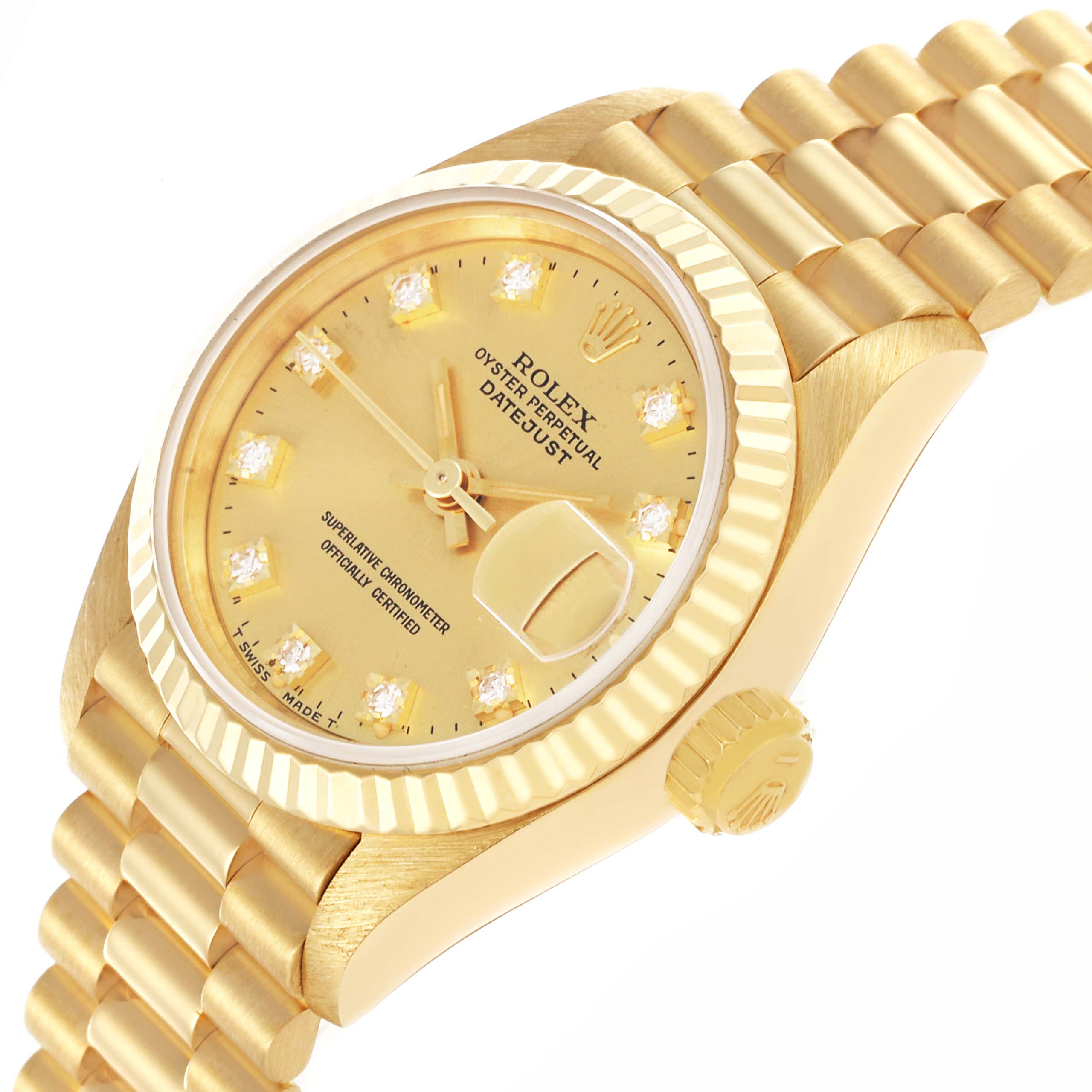 The Rolex President 69178 Women's Yellow Gold Champagne Dial 69178 Women's Yellow Gold Champagne Dial model watch is shown at an angled view displaying the face, bezel, crown, and part of the bracelet.