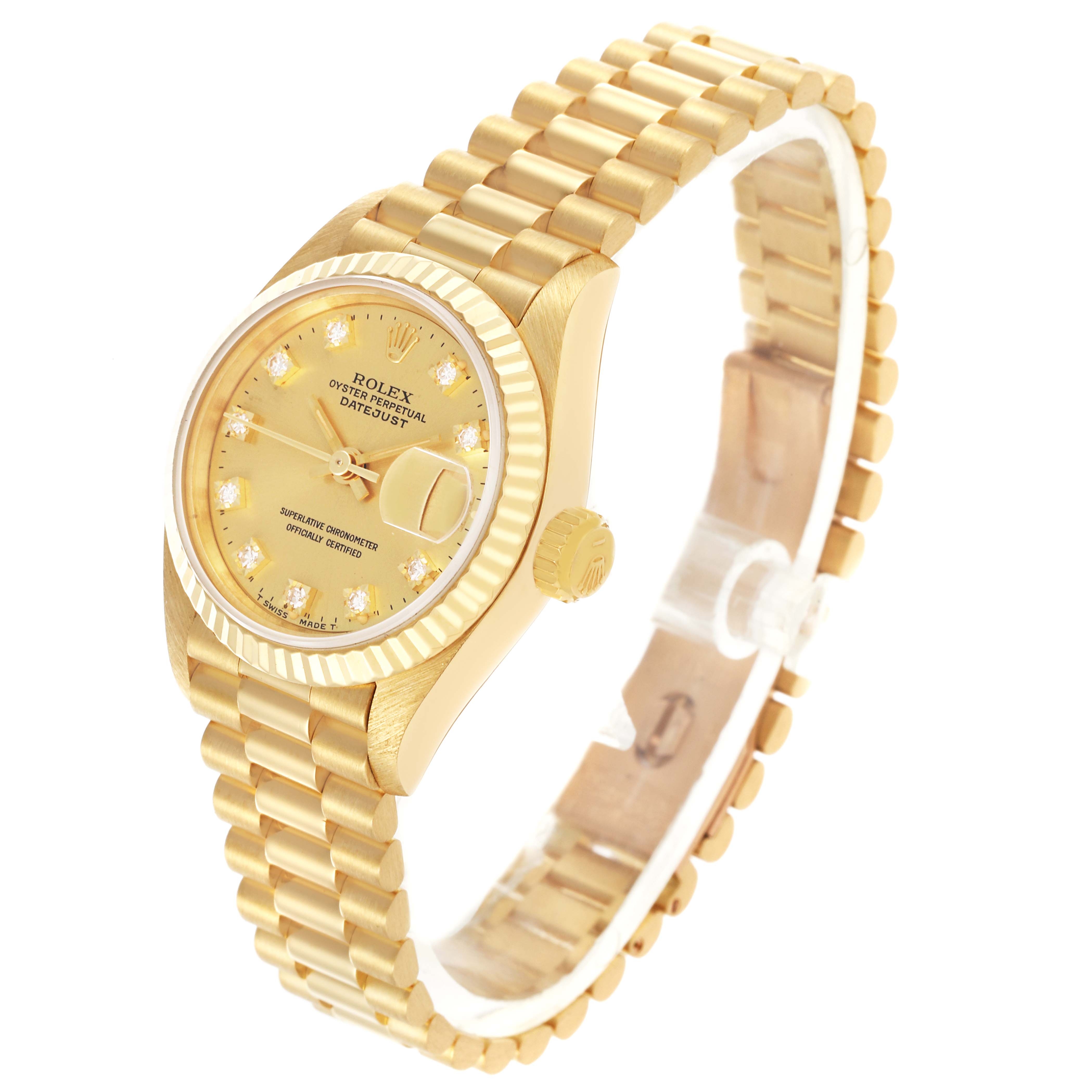 The Rolex President 69178 Women's Yellow Gold Champagne Dial 69178 Women's Yellow Gold Champagne Dial model is shown from an angled side view, displaying the face, fluted bezel, and gold bracelet.