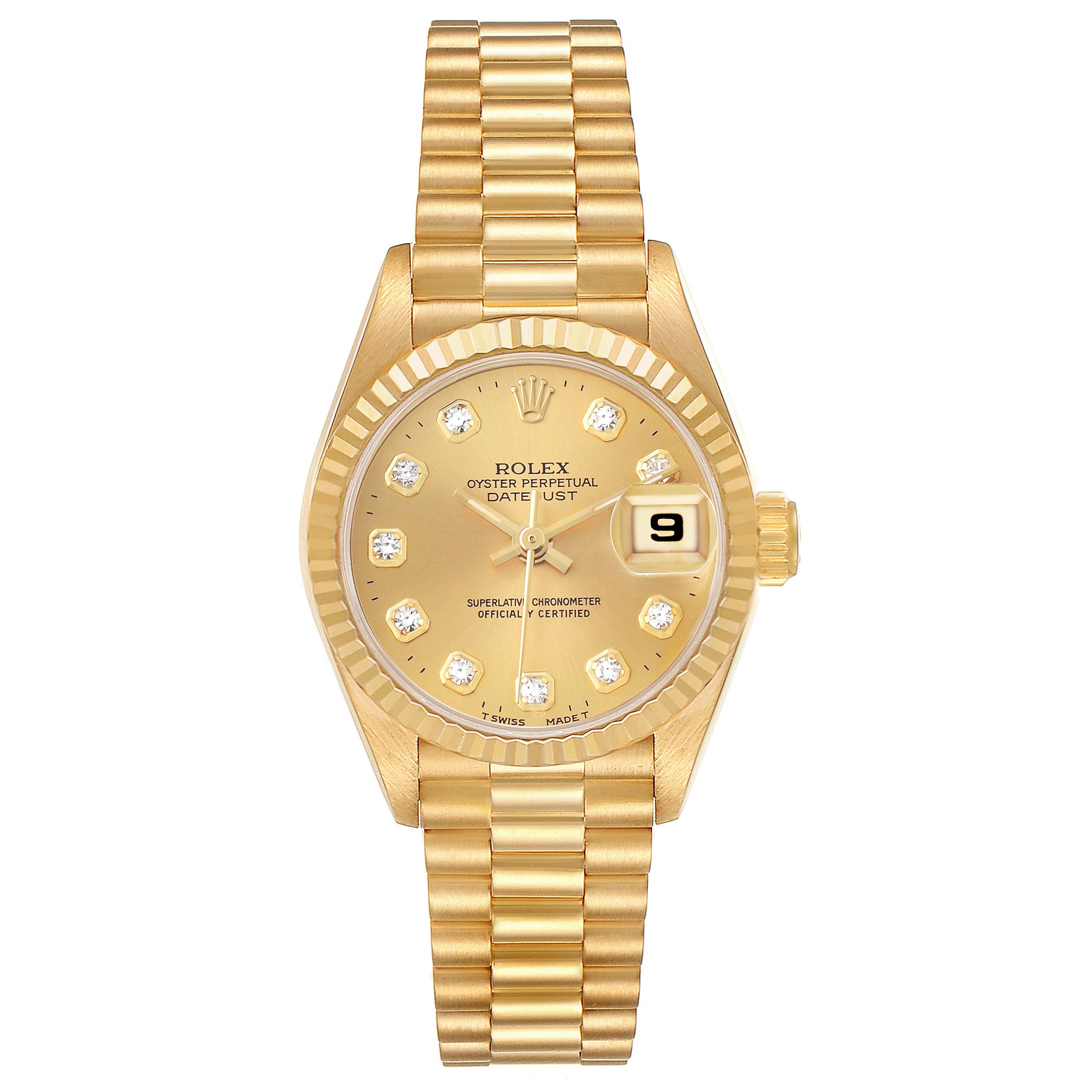 The Rolex Datejust 69178 Women's Yellow Gold Champagne Dial watch is shown from the front, highlighting the face, bezel, bracelet, and date window.
