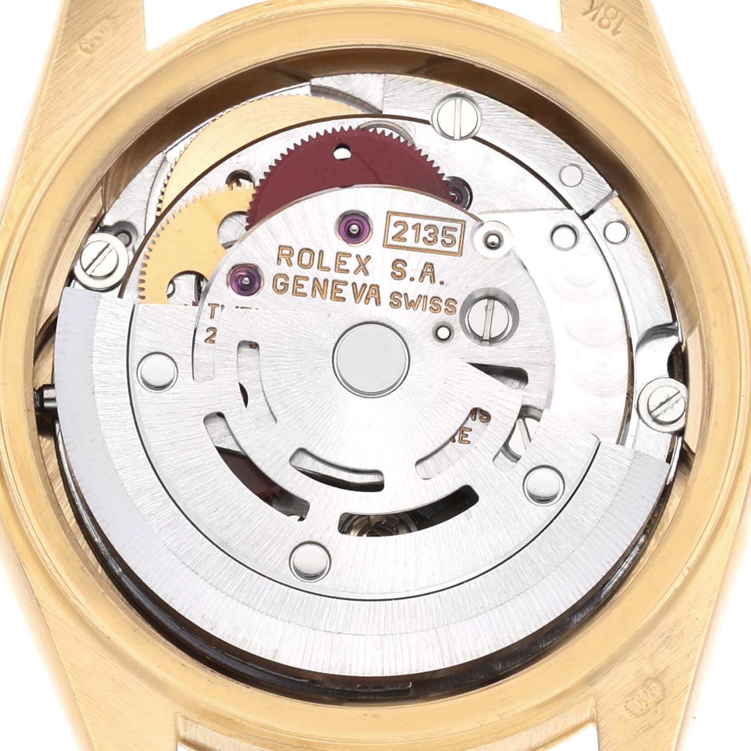 The image shows the internal movement mechanism of a Rolex Datejust 69178 Women's Yellow Gold Champagne Dial watch from the back.