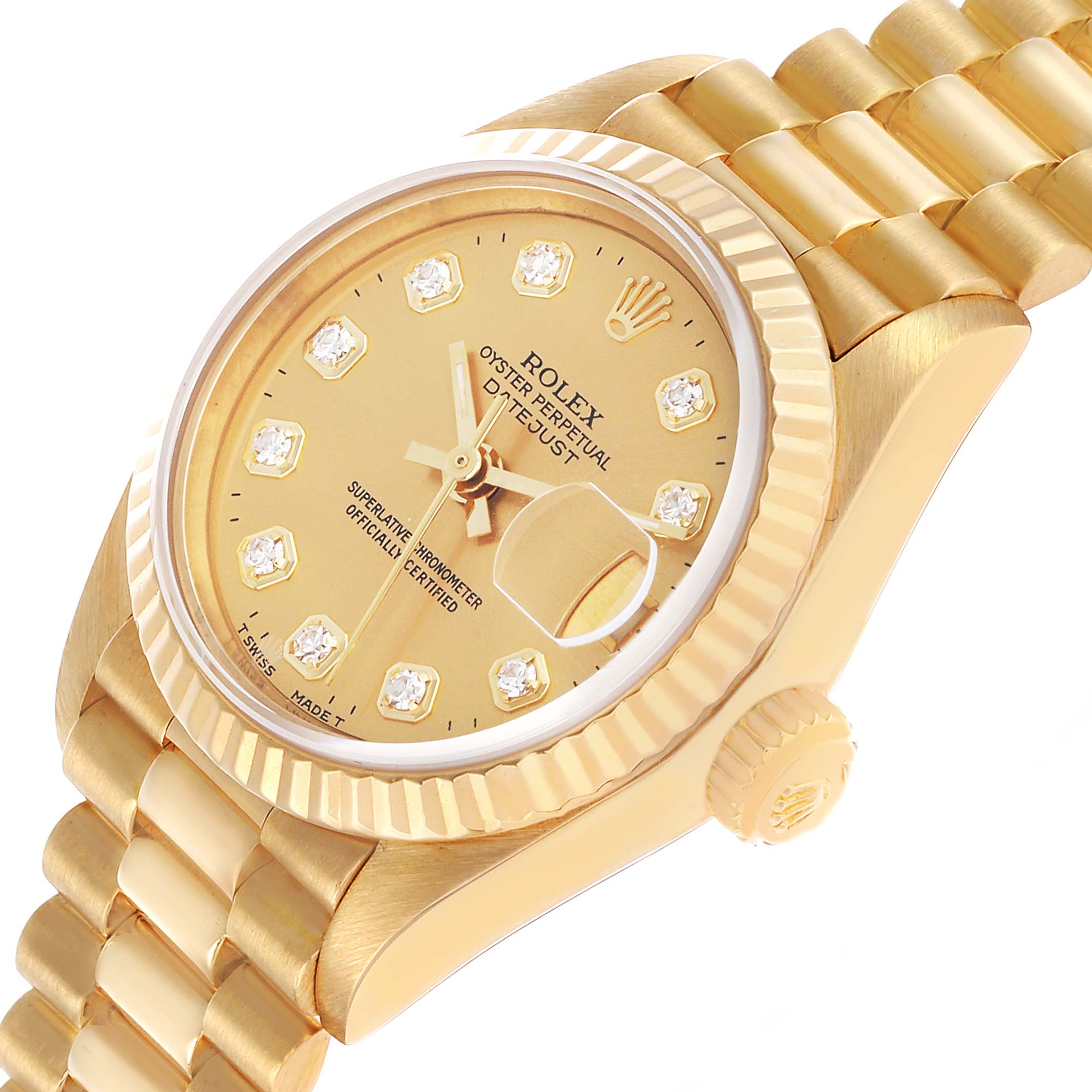 This Rolex Datejust 69178 Women's Yellow Gold Champagne Dial watch is shown at an angle highlighting the dial, bezel, crown, and part of the bracelet.