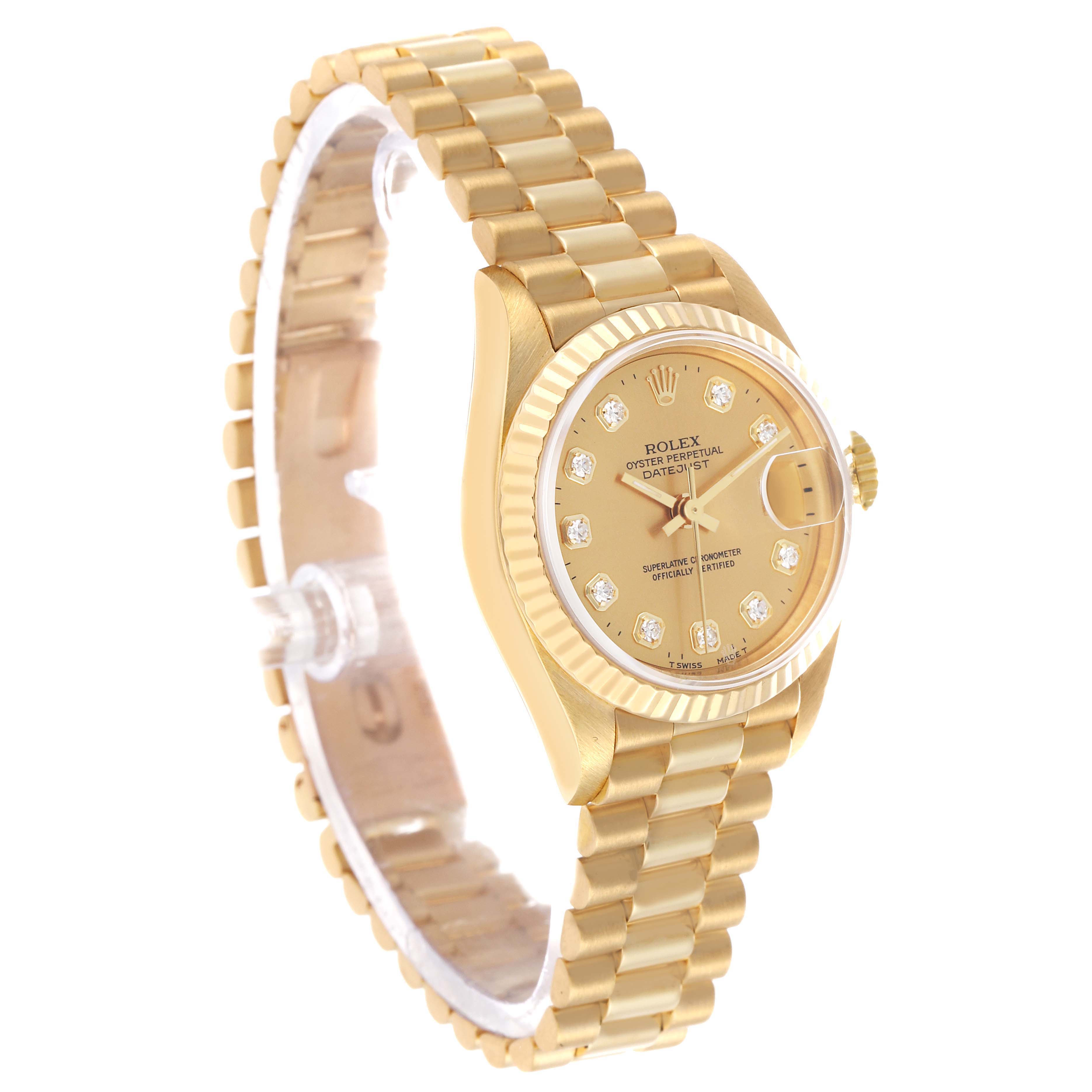 The Rolex Datejust 69178 Women's Yellow Gold Champagne Dial watch is shown at a three-quarter angle, highlighting the gold bracelet, bezel, and dial with diamond markers.
