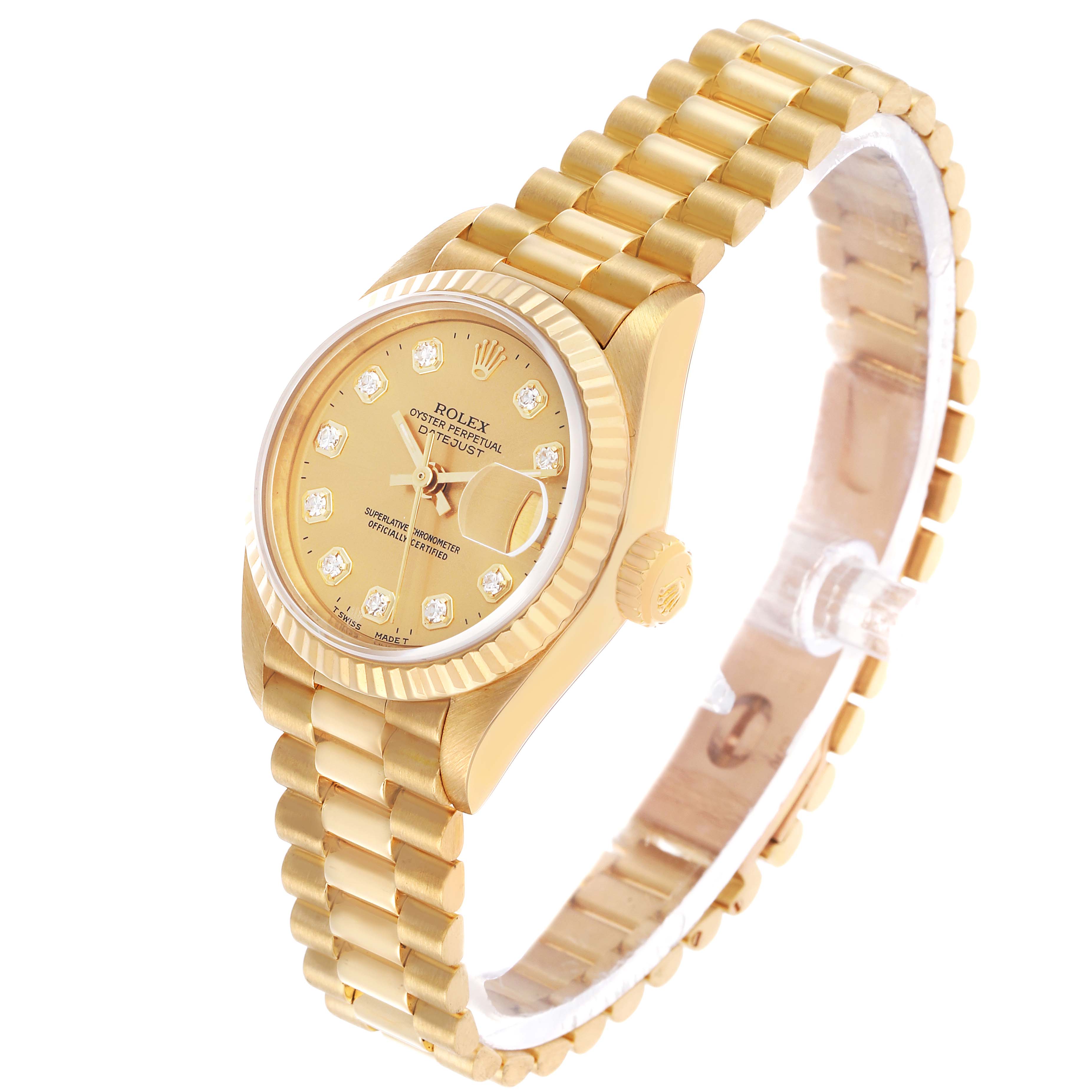 The Rolex Datejust 69178 Women's Yellow Gold Champagne Dial watch is shown at a slight angle, highlighting its gold bracelet, bezel, and dial with diamond hour markers.