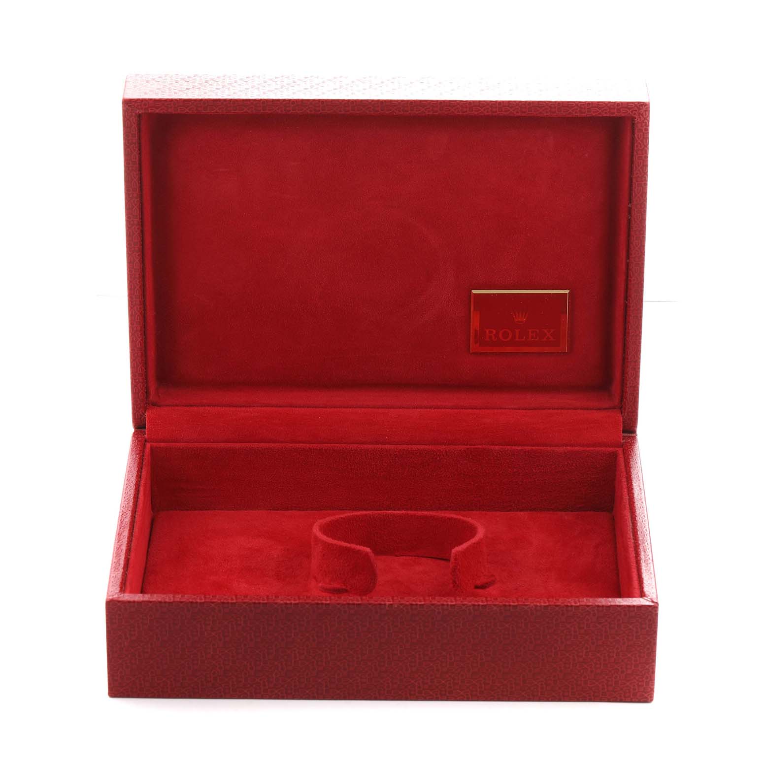 The image shows an open red Rolex Datejust 69178 Women's Yellow Gold Champagne Dial watch box, featuring a plush interior with a logo plaque.