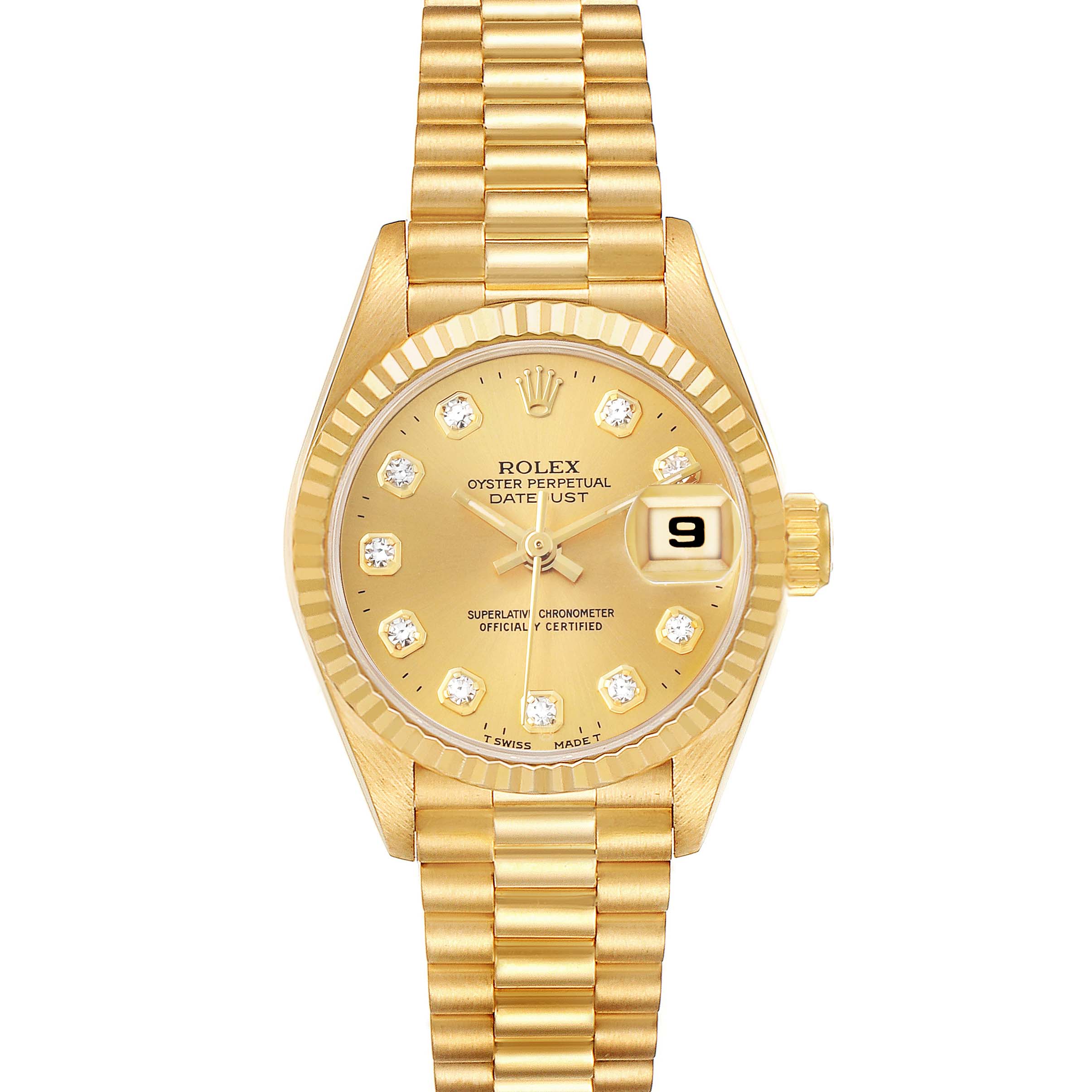 The Rolex Datejust 69178 Women's Yellow Gold Champagne Dial watch is shown from a top-down angle, displaying the face, bracelet, and date feature.