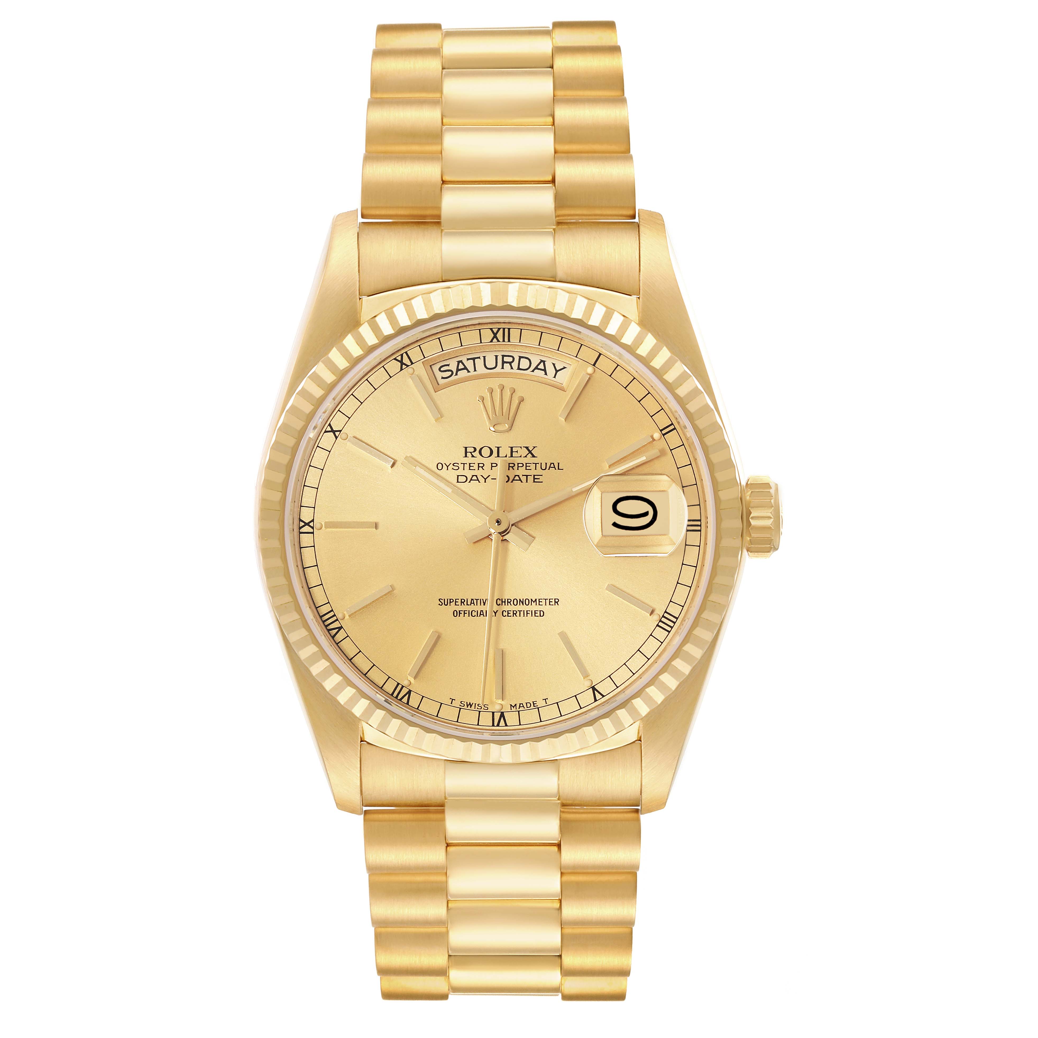 The image shows a front view of the Rolex President 18038 Men
s Yellow Gold Champagne Dial 18038 Men
s Yellow Gold Champagne Dial model, featuring the watch face, bracelet, and dial.