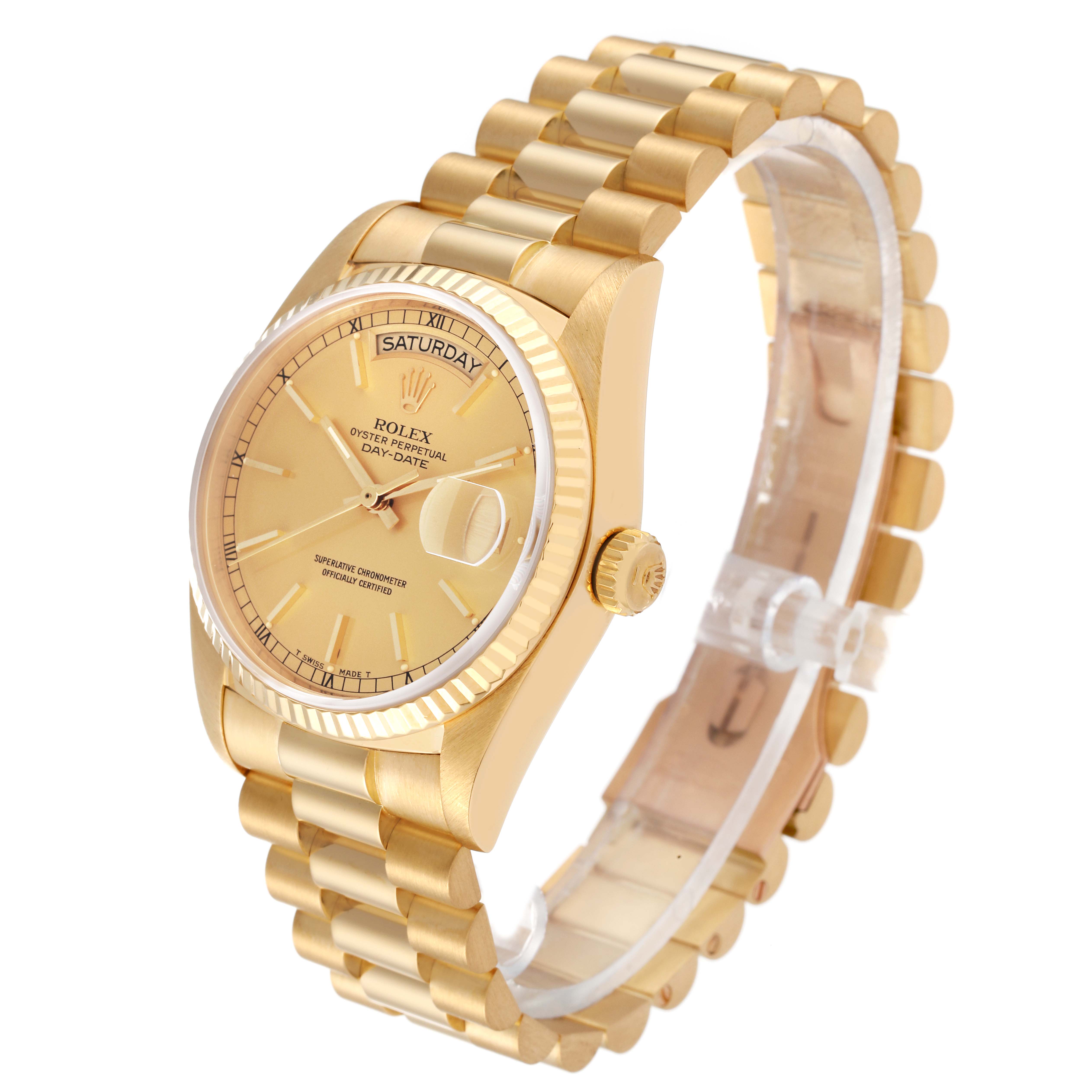The image shows a Rolex President 18038 Men
s Yellow Gold Champagne Dial 18038 Men
s Yellow Gold Champagne Dial watch in gold at a slight angle displaying its dial, case, and bracelet.