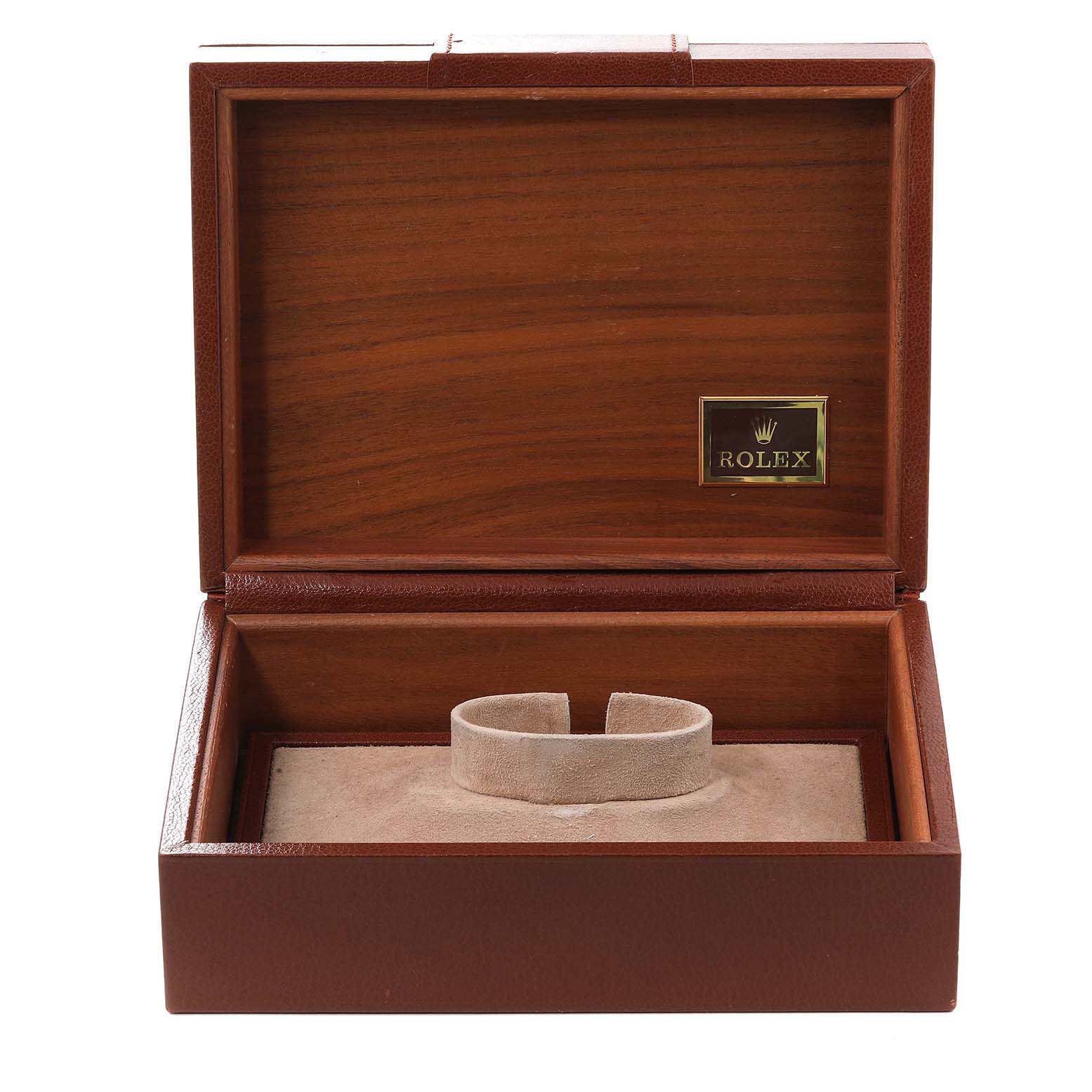 The image shows an open luxury wooden box for the Rolex President 18038 Men
s Yellow Gold Champagne Dial 18038 Men
s Yellow Gold Champagne Dial model watch, displaying its interior cushion.