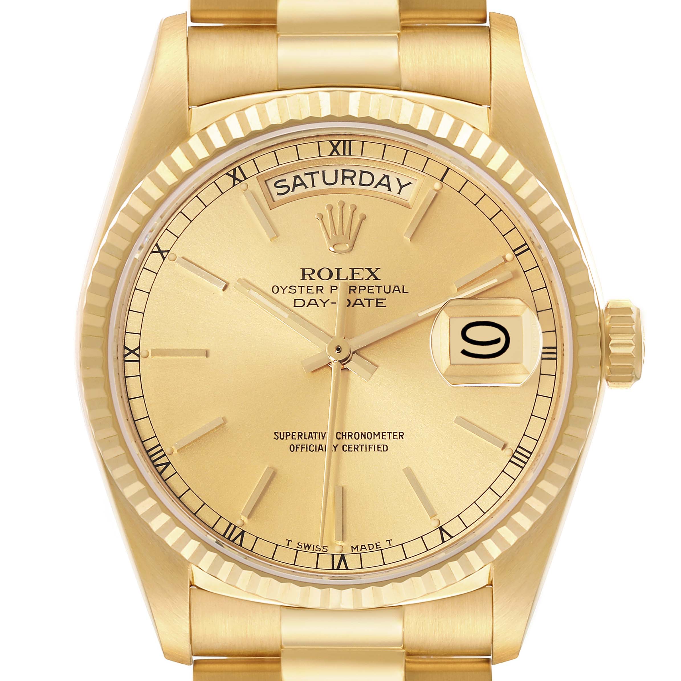 This image shows a front view of the Rolex President 18038 Men
s Yellow Gold Champagne Dial 18038 Men
s Yellow Gold Champagne Dial model watch, displaying the dial, bezel, crown, and part of the bracelet.