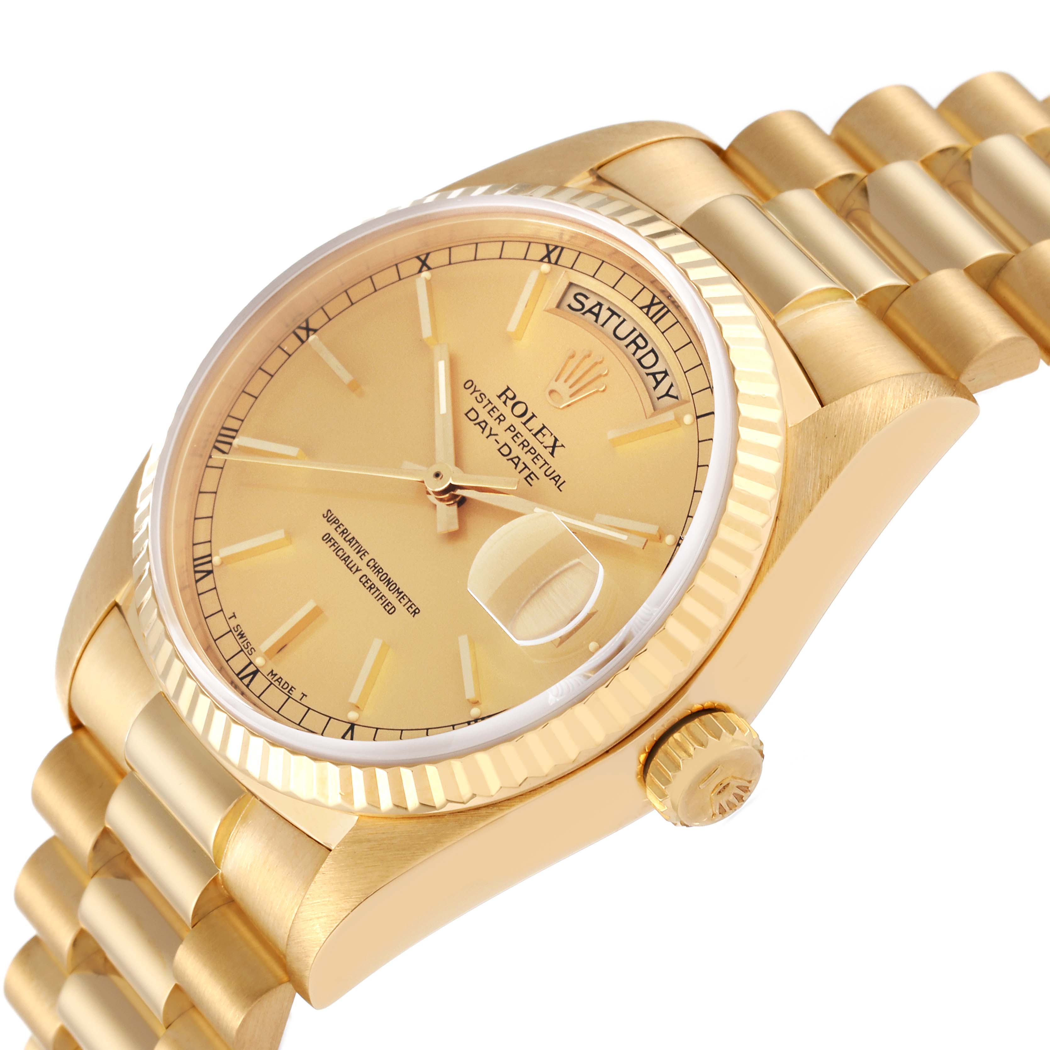 This image shows a side angle of a Rolex President 18038 Men
s Yellow Gold Champagne Dial 18038 Men
s Yellow Gold Champagne Dial model watch, highlighting the dial, bezel, crown, and part of the bracelet.