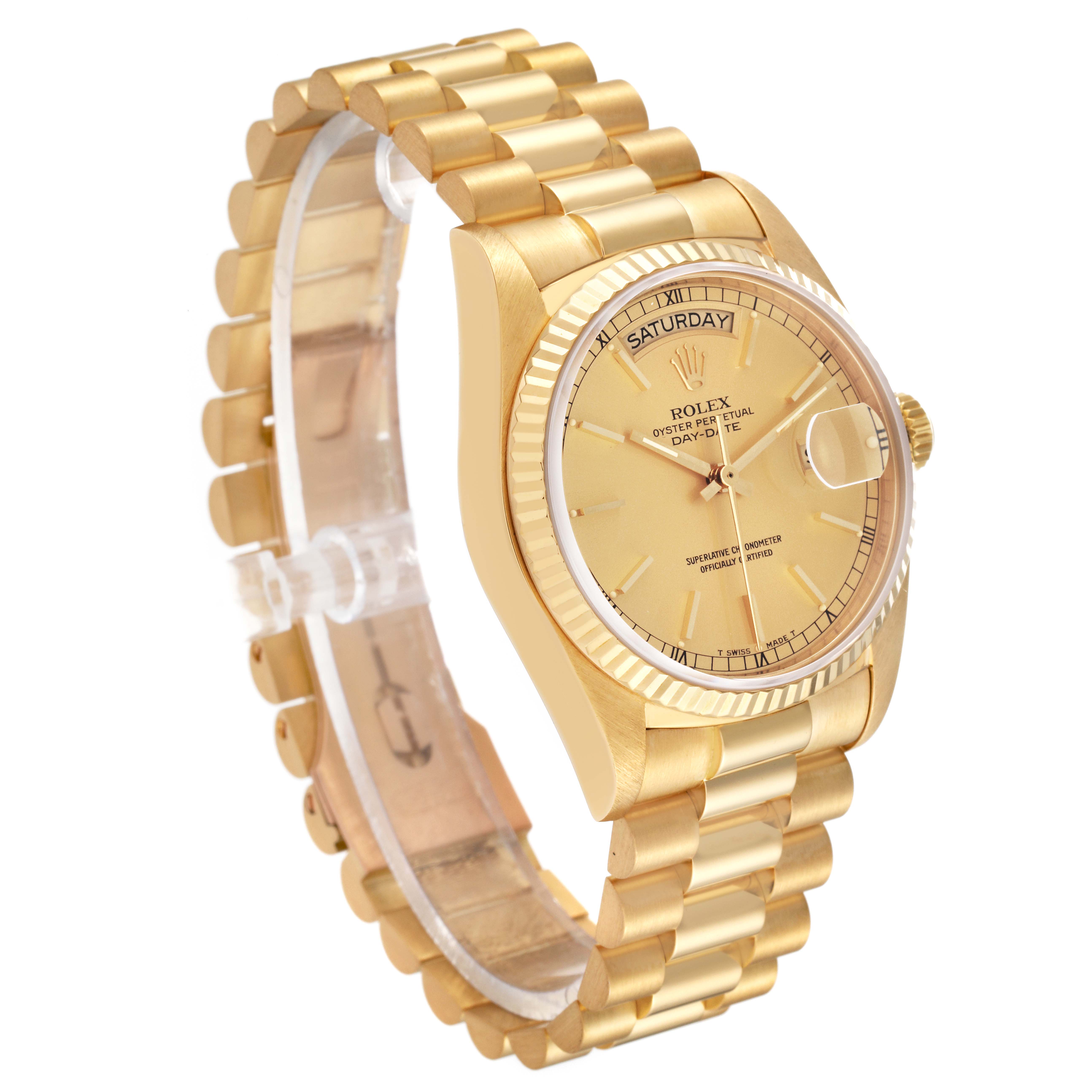 The image shows a Rolex President 18038 Men
s Yellow Gold Champagne Dial 18038 Men
s Yellow Gold Champagne Dial watch at a three-quarter angle, highlighting its gold case, bracelet, and dial.