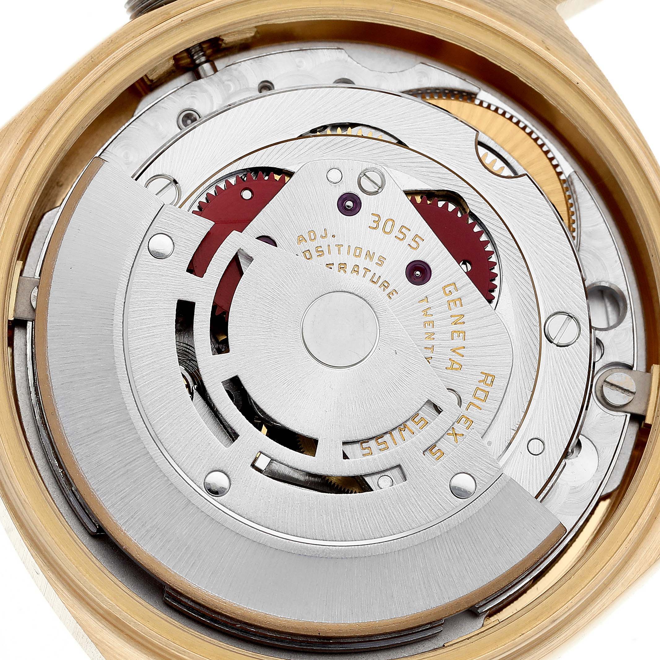 The image shows a close-up view of the movement mechanism inside a Rolex President 18038 Men
s Yellow Gold Champagne Dial 18038 Men
s Yellow Gold Champagne Dial model watch.