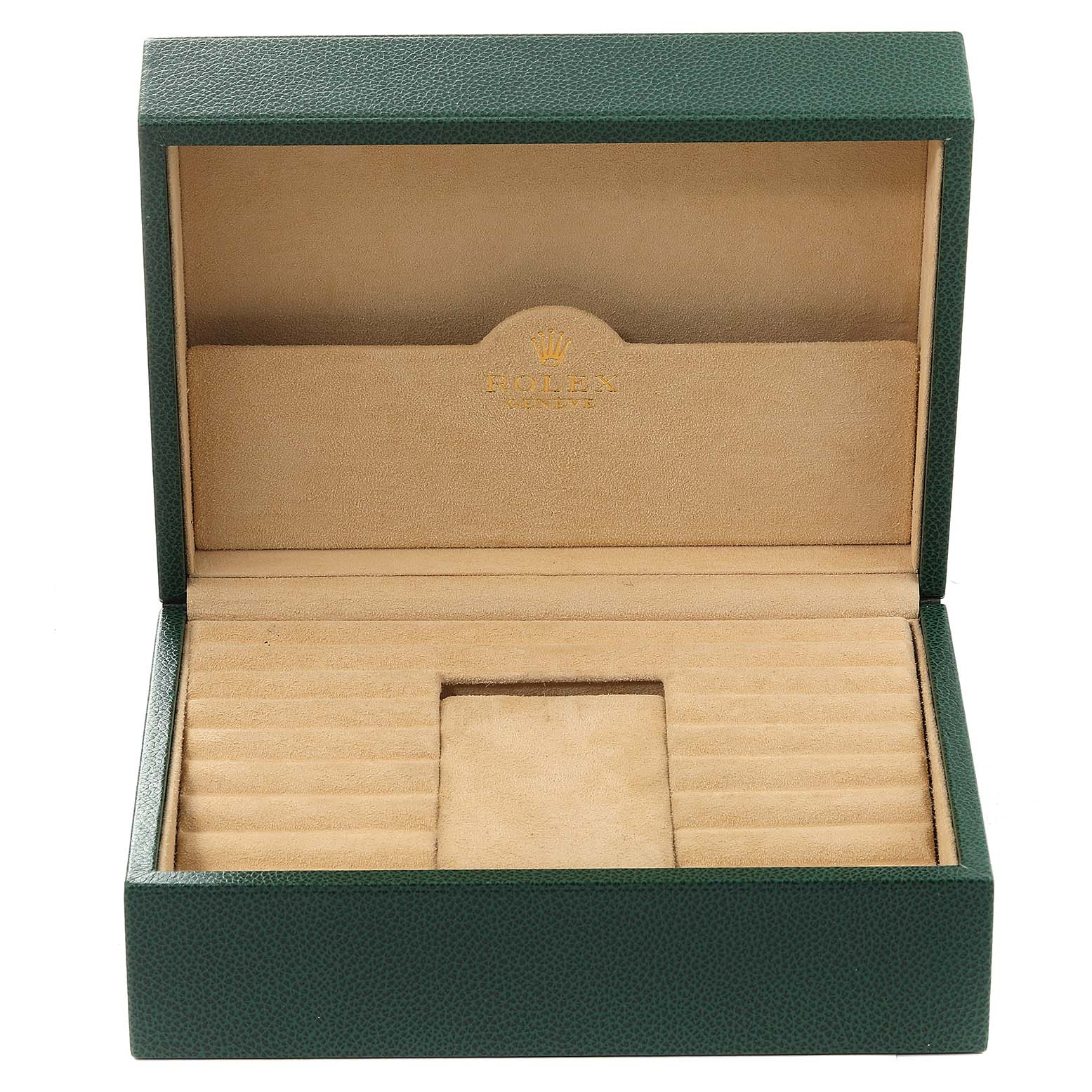 This image shows an open, empty green Rolex watch box, likely for the President model.