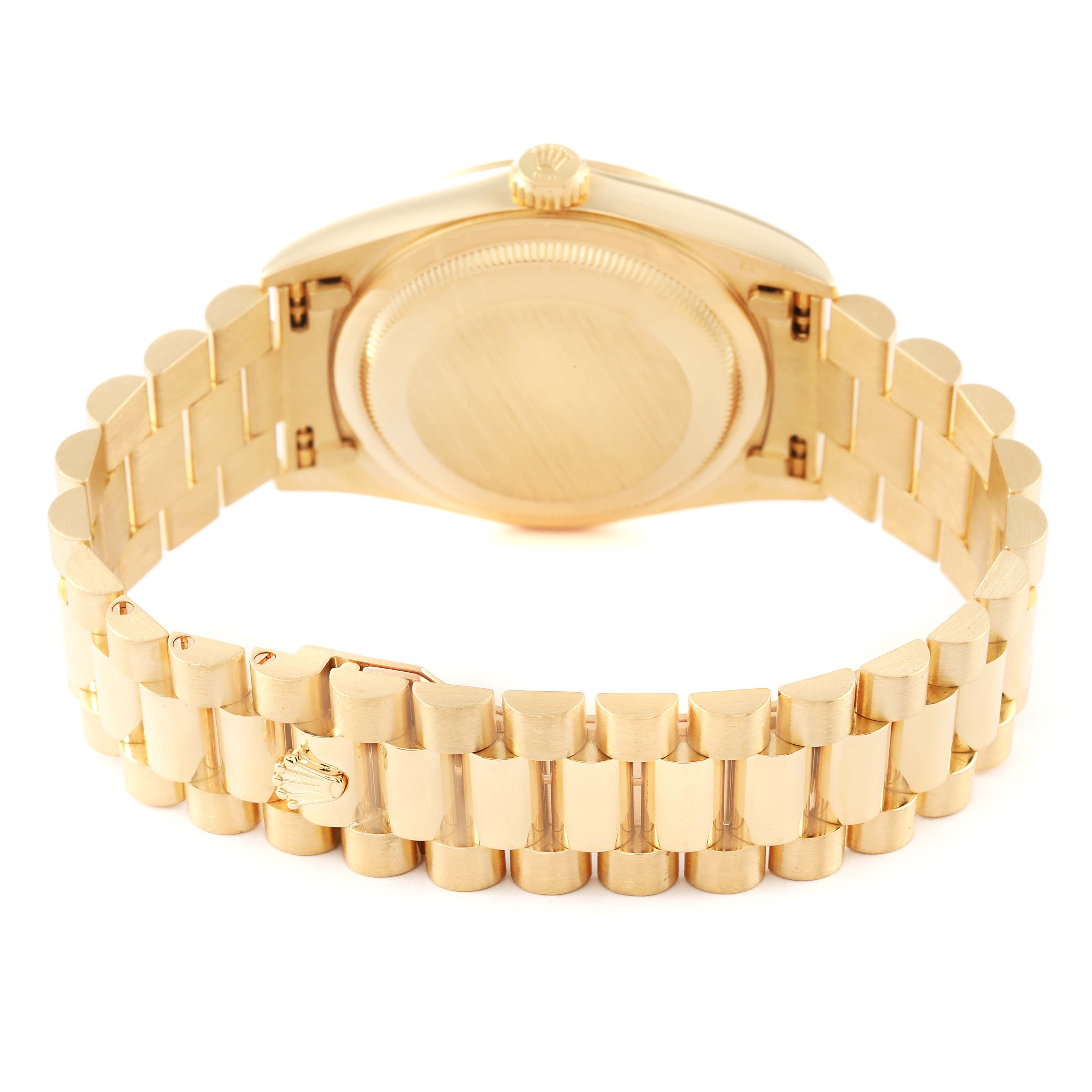 The image shows the back view of a Rolex President 18238 Men's Yellow Gold Champagne Dial 18238 Men's Yellow Gold Champagne Dial model watch, highlighting its gold bracelet and case back.