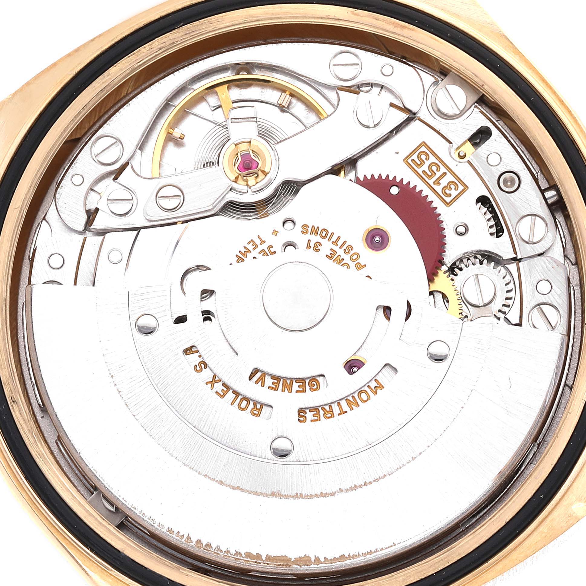 The image shows the internal mechanism of a Rolex President 18238 Men's Yellow Gold Champagne Dial 18238 Men's Yellow Gold Champagne Dial model watch, viewed from the back.