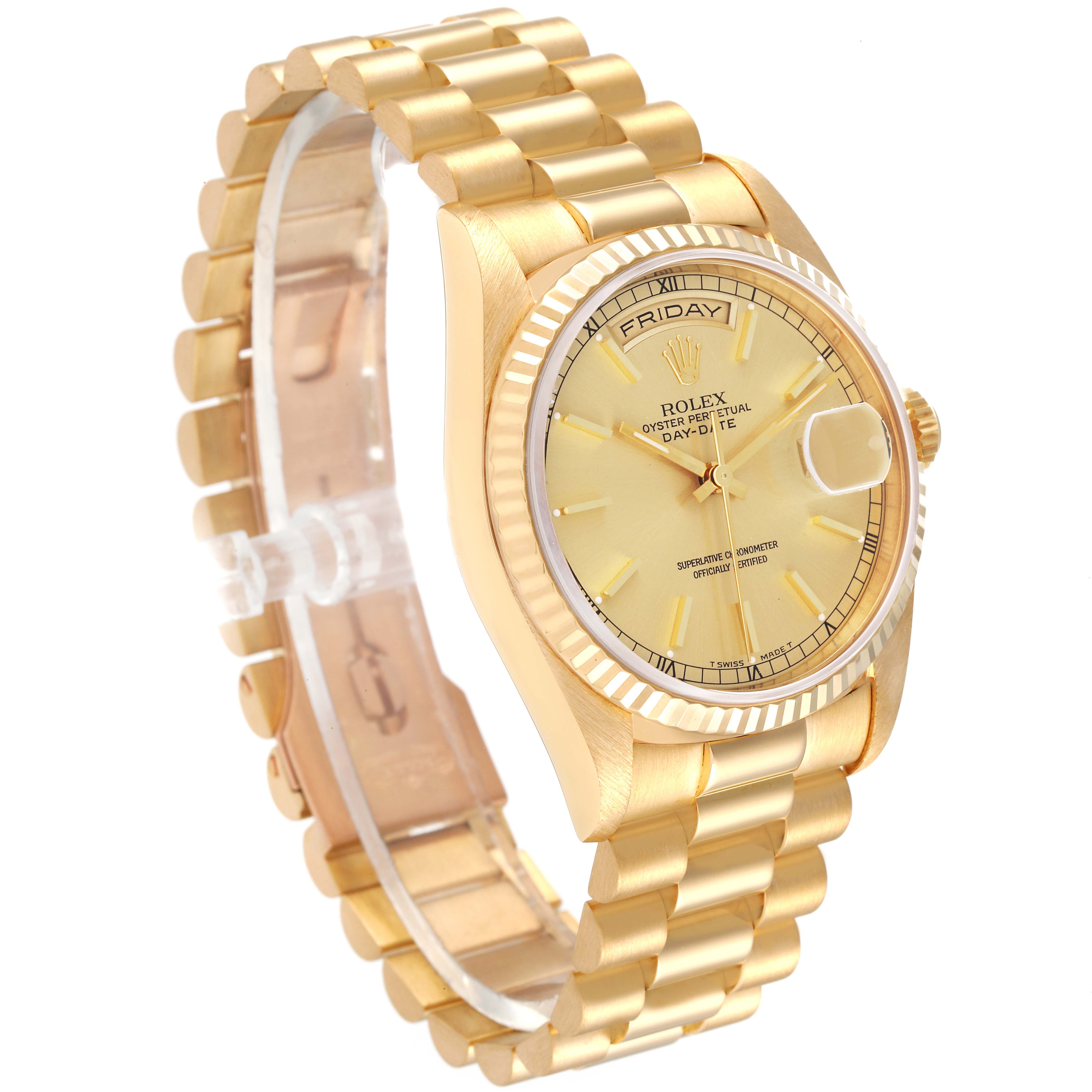 The Rolex President 18238 Men's Yellow Gold Champagne Dial 18238 Men's Yellow Gold Champagne Dial model watch is shown at a three-quarter angle, displaying its gold bracelet, face, and day-date indicators.