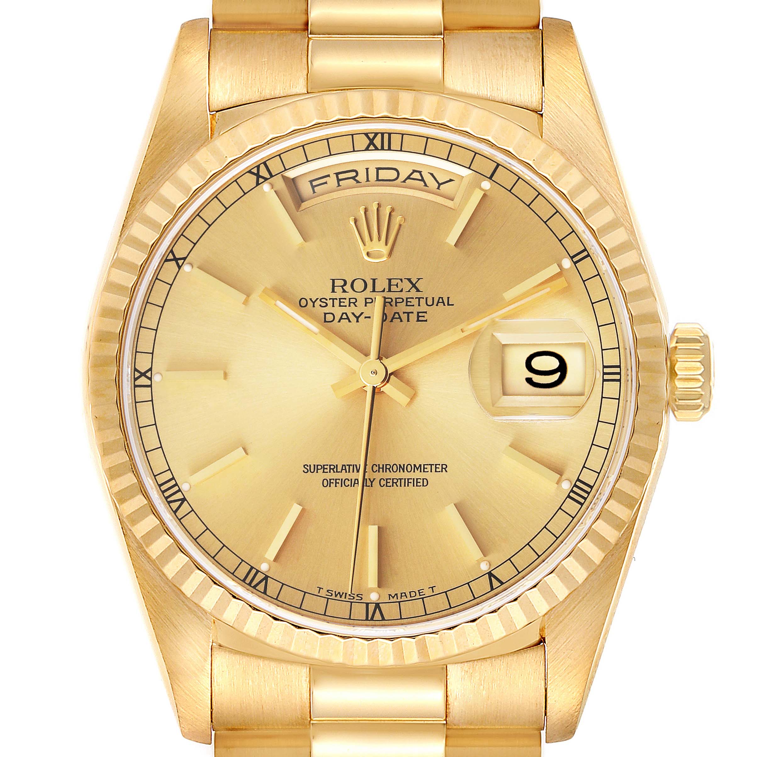 The image shows a frontal view of a Rolex President 18238 Men's Yellow Gold Champagne Dial 18238 Men's Yellow Gold Champagne Dial model watch, highlighting its dial, day-date display, and bracelet.