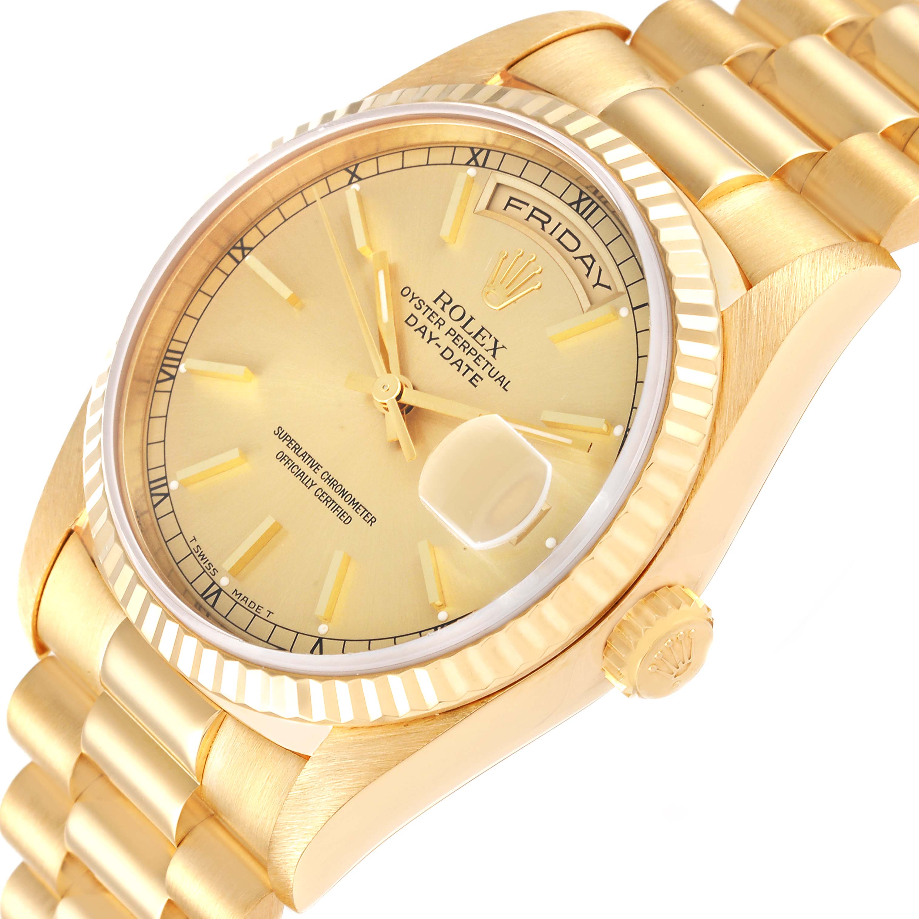 The image shows a close-up side angle of the Rolex President 18238 Men's Yellow Gold Champagne Dial 18238 Men's Yellow Gold Champagne Dial Day-Date watch, displaying the dial, crown, and part of the bracelet.