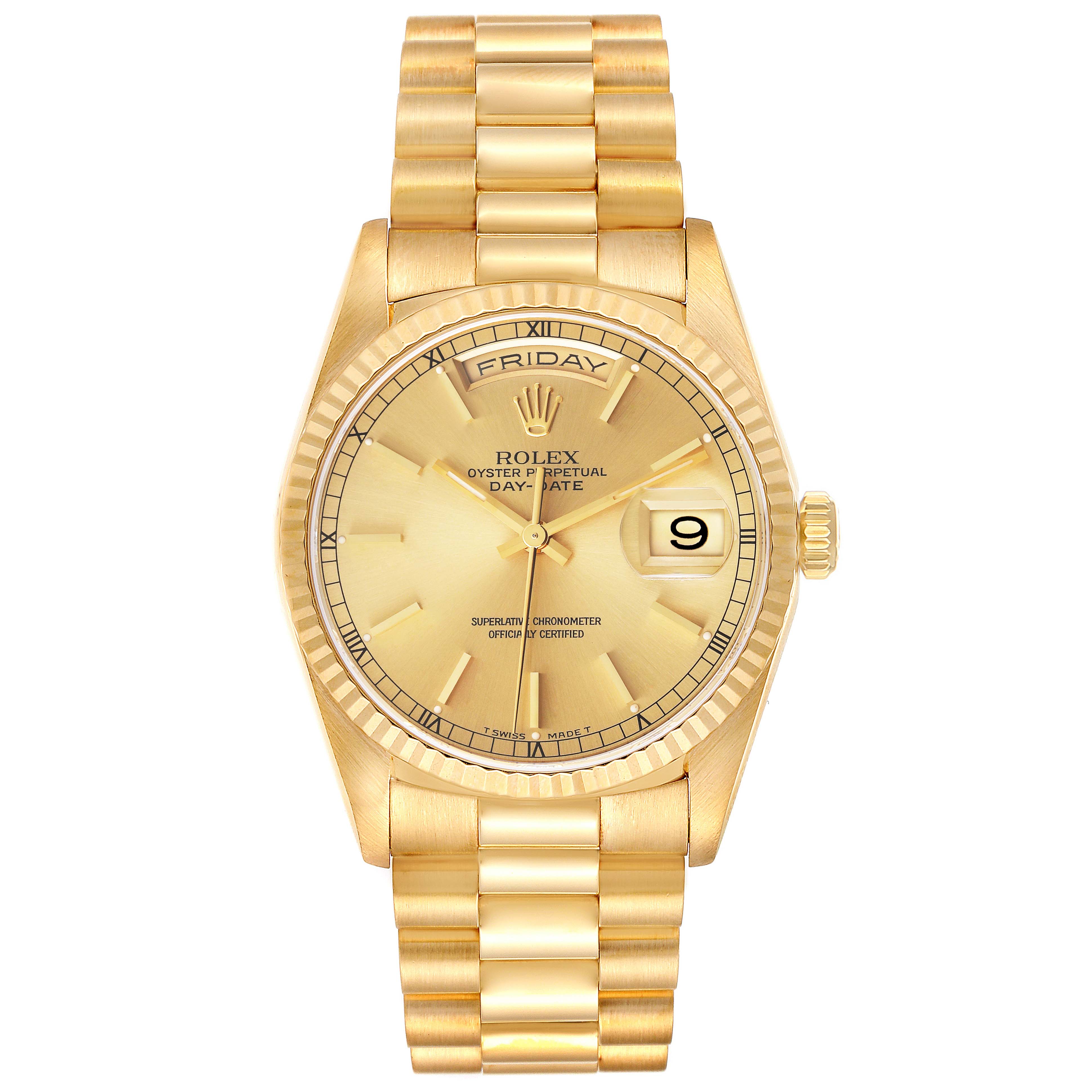 This image shows a front-angle view of a Rolex President 18238 Men's Yellow Gold Champagne Dial 18238 Men's Yellow Gold Champagne Dial model watch, displaying the dial, bezel, and bracelet.