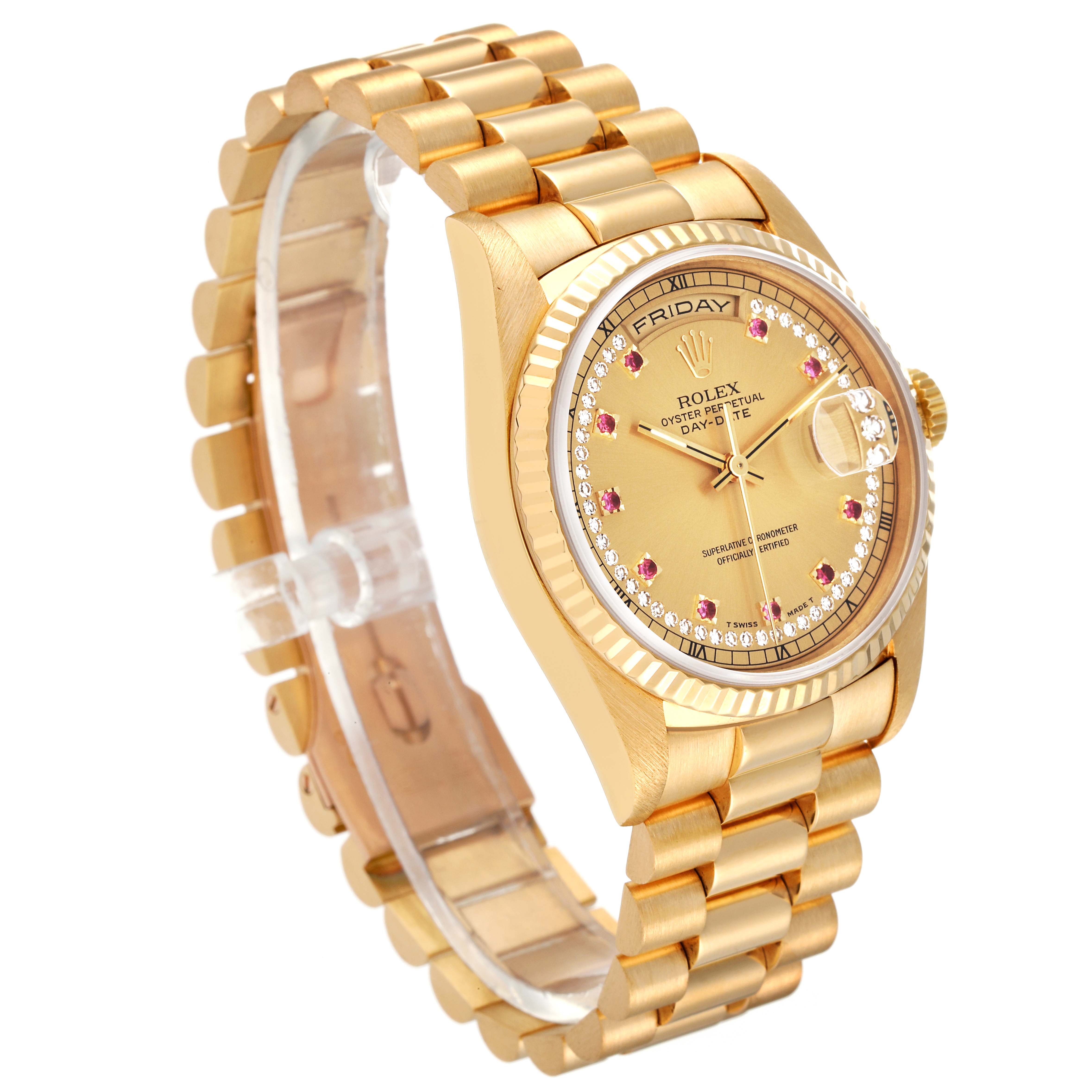 This image shows a Rolex President 18238 Men's Yellow Gold Champagne Dial 18238 Men's Yellow Gold Champagne Dial model watch at a slight angle, displaying the face, band, crown, and side profile.