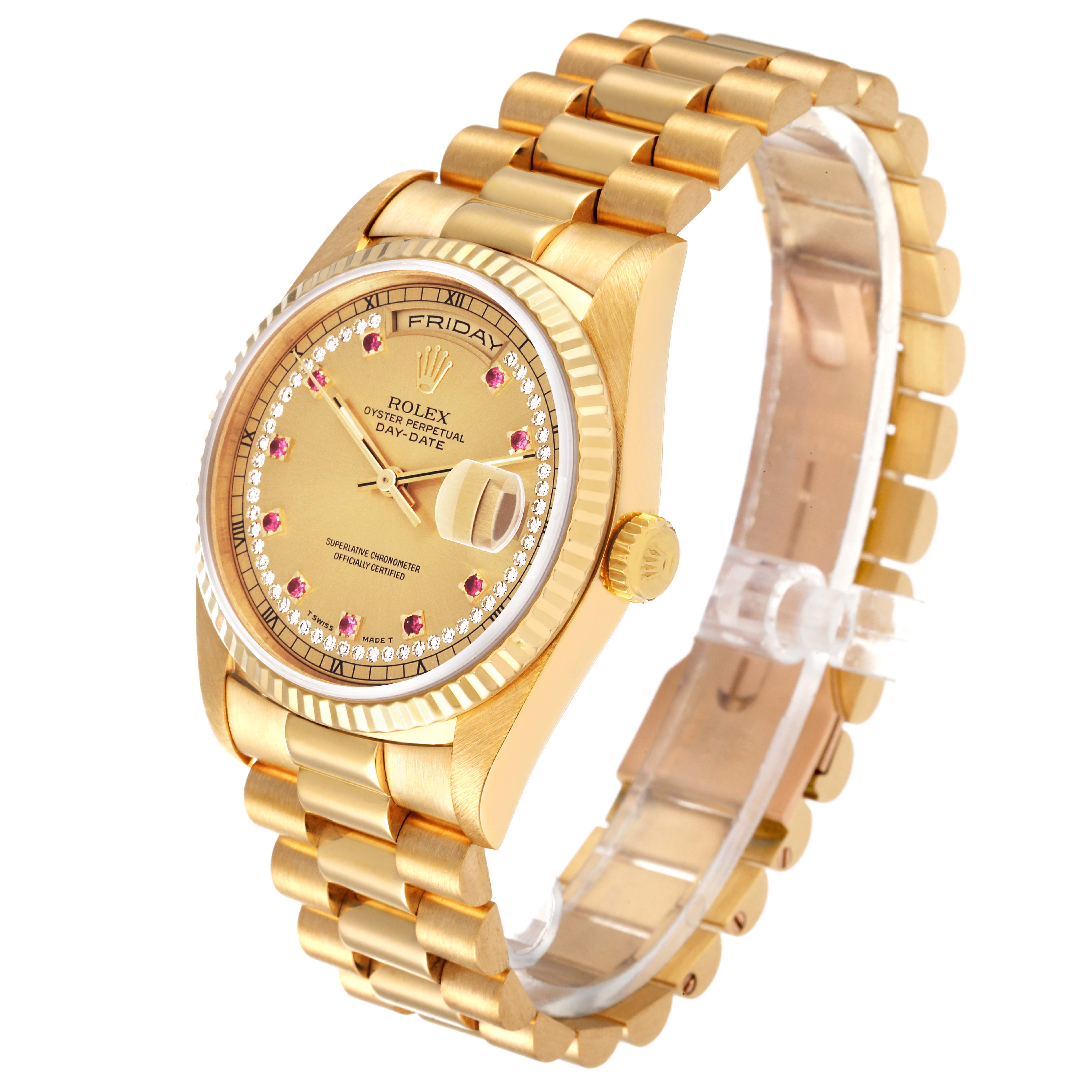 The Rolex President 18238 Men's Yellow Gold Champagne Dial 18238 Men's Yellow Gold Champagne Dial model watch is shown at an angled view displaying the gold bracelet, dial, bezel, and day-date function.