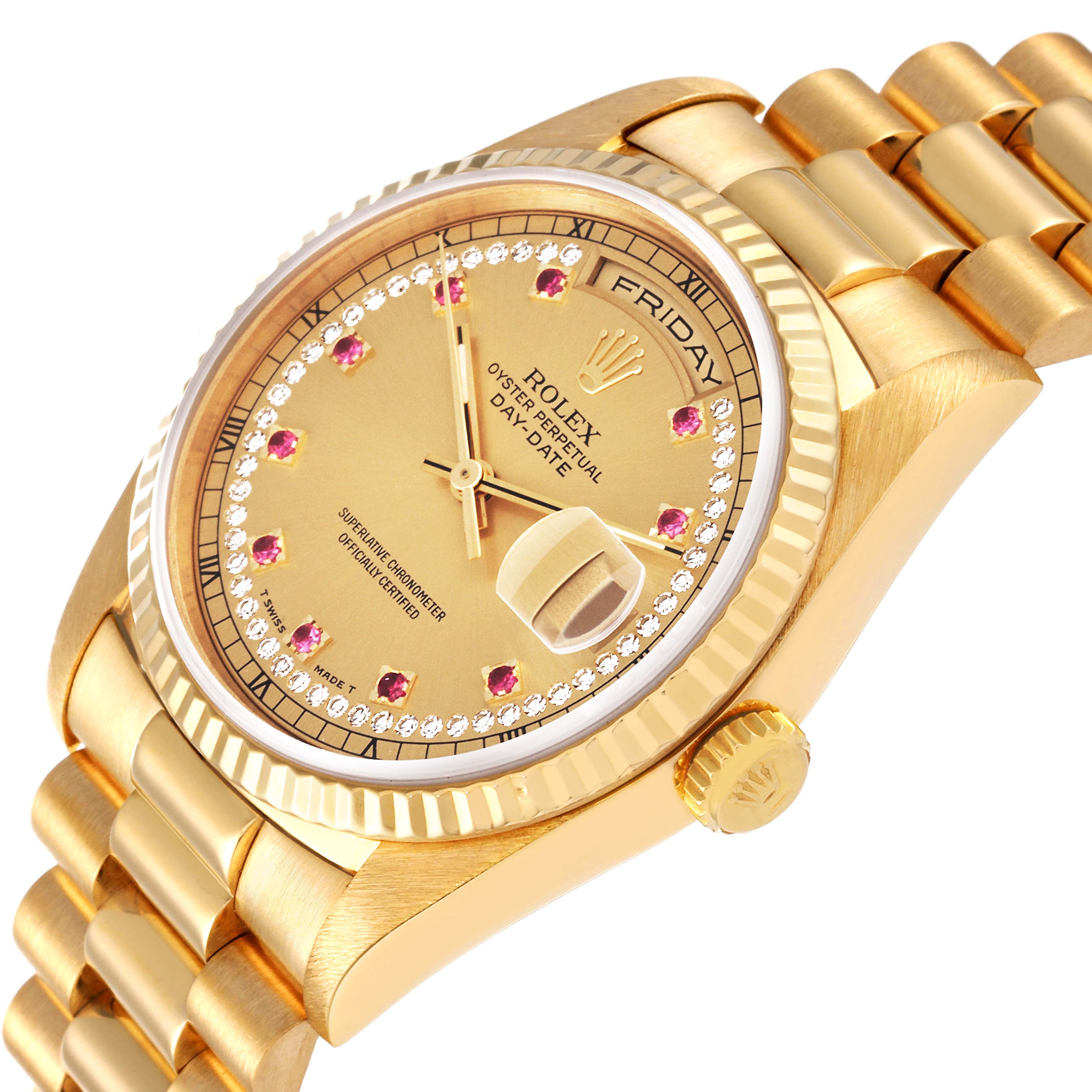 The Rolex President 18238 Men's Yellow Gold Champagne Dial 18238 Men's Yellow Gold Champagne Dial model watch is shown at an oblique angle displaying its gold dial, fluted bezel, and bracelet.