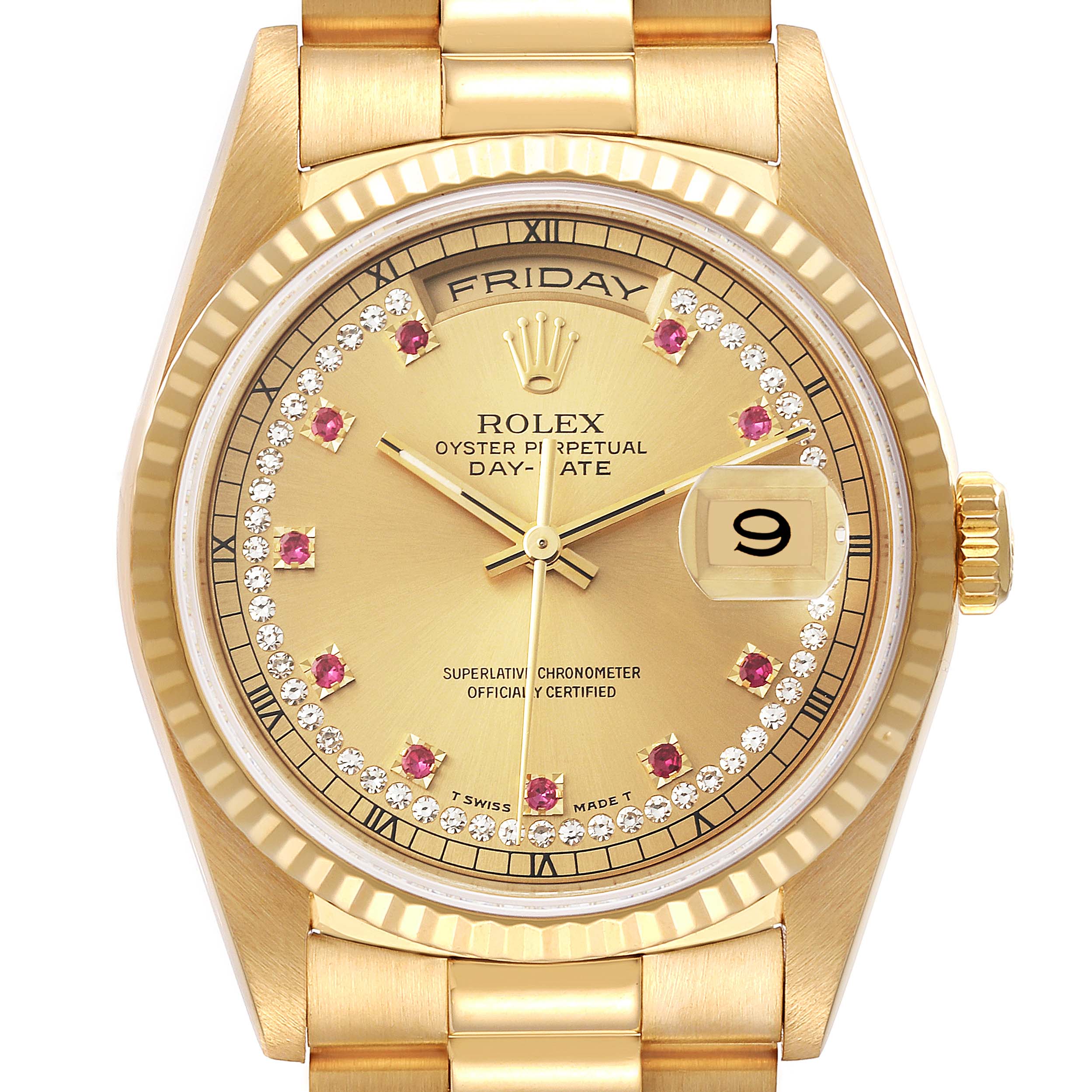 The Rolex President 18238 Men's Yellow Gold Champagne Dial 18238 Men's Yellow Gold Champagne Dial watch model is shown from a front angle, highlighting the dial, bezel, and part of the bracelet.