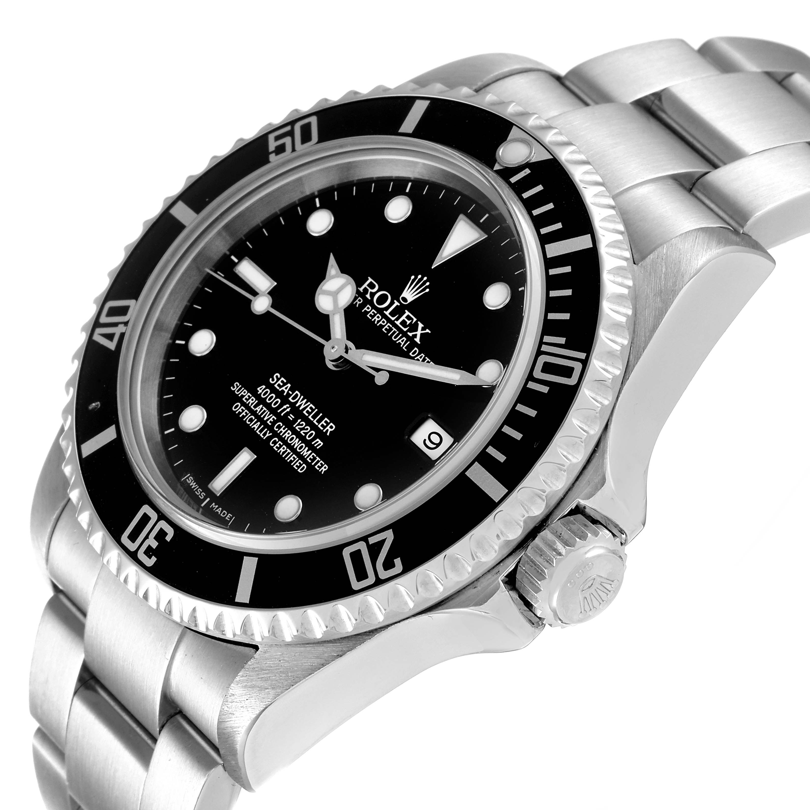 The image shows a close-up view of a Rolex Sea-Dweller 16600T Men
s Stainless Steel Black Dial 16600T Men
s Stainless Steel Black Dial watch, focusing on the dial, bezel, crown, and part of the bracelet.