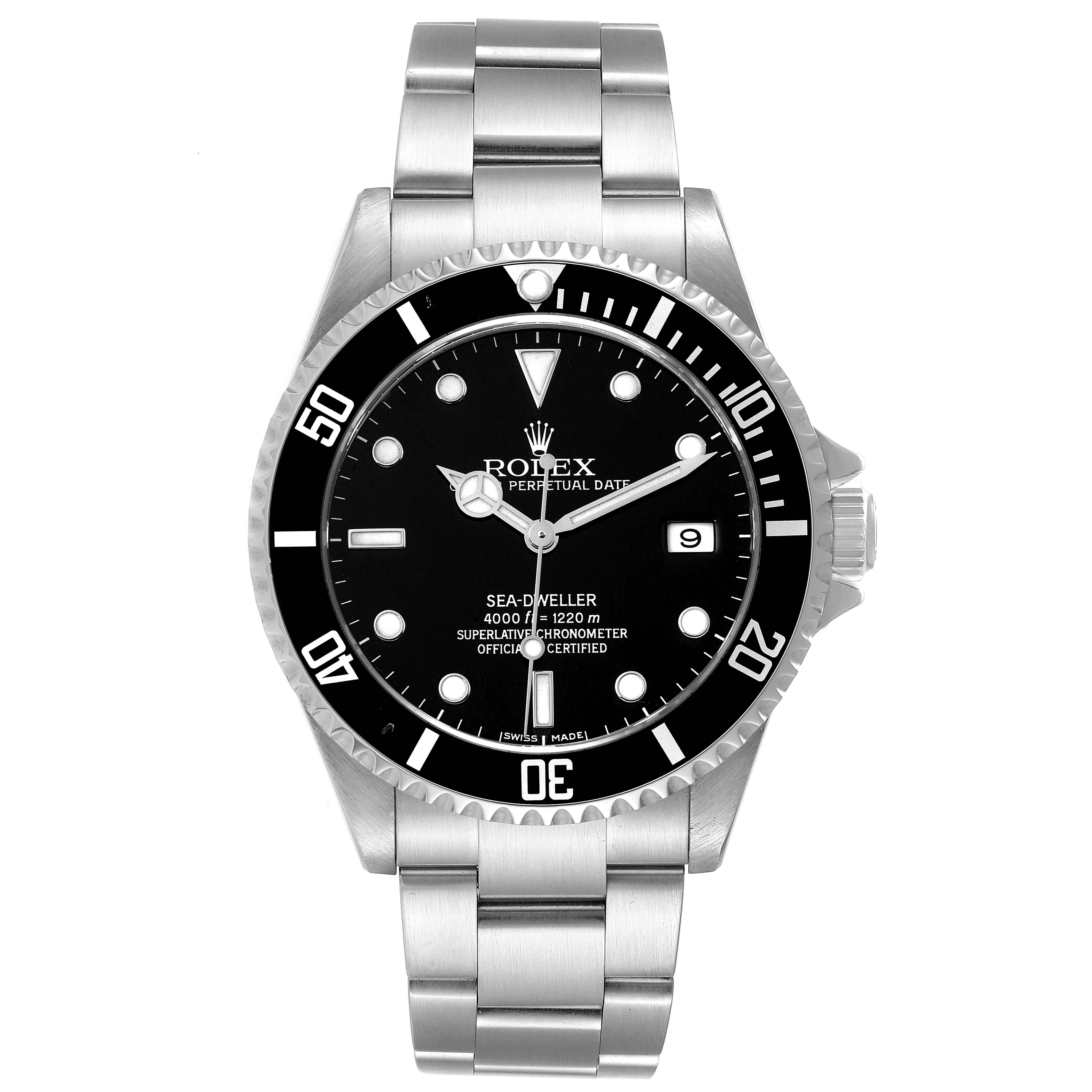 The Rolex Sea-Dweller 16600T Men
s Stainless Steel Black Dial 16600T Men
s Stainless Steel Black Dial watch is shown from the front, highlighting the dial, bezel, crown, and stainless steel bracelet.