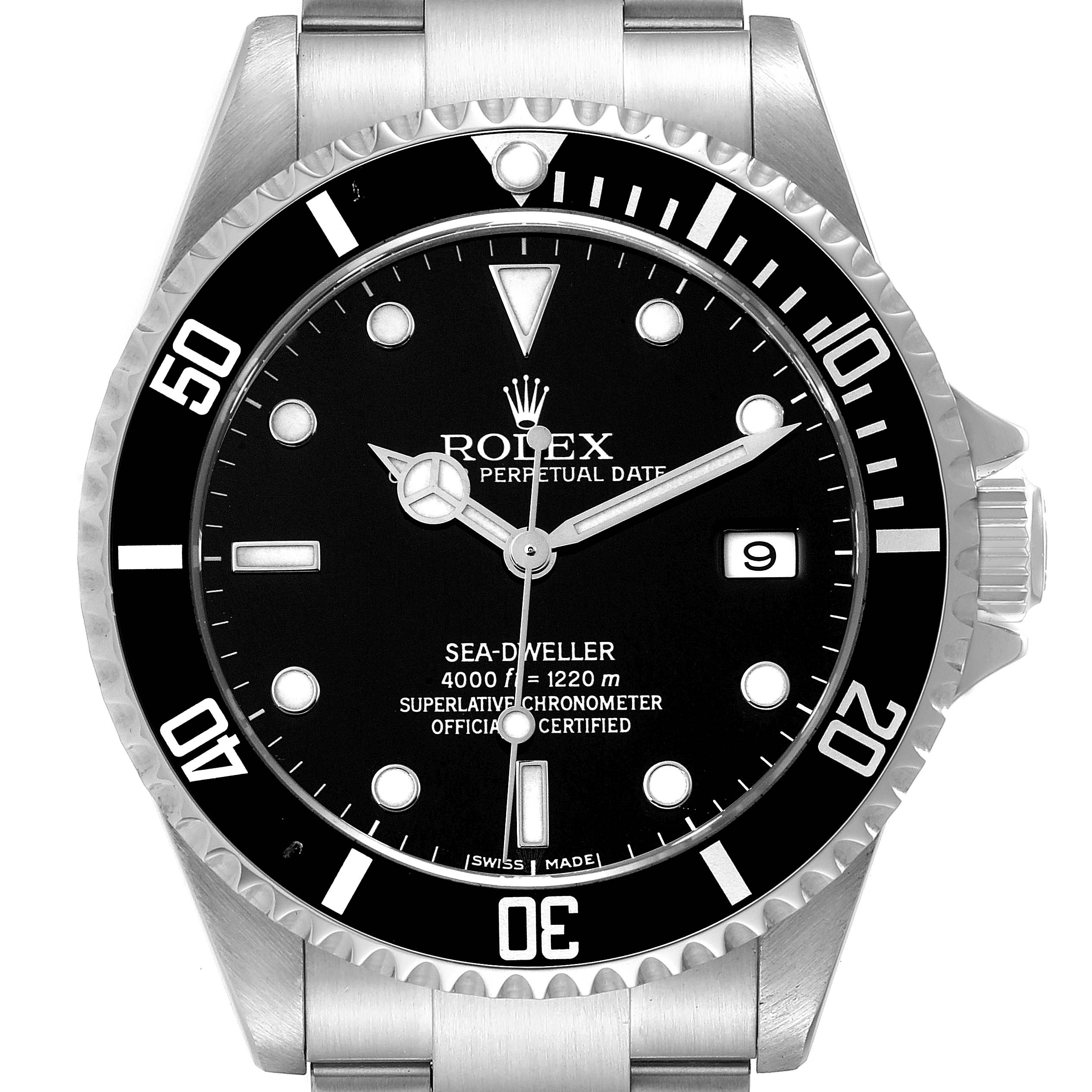 The image shows a front view of a Rolex Sea-Dweller 16600T Men
s Stainless Steel Black Dial 16600T Men
s Stainless Steel Black Dial watch, featuring its black dial, bezel, and bracelet.