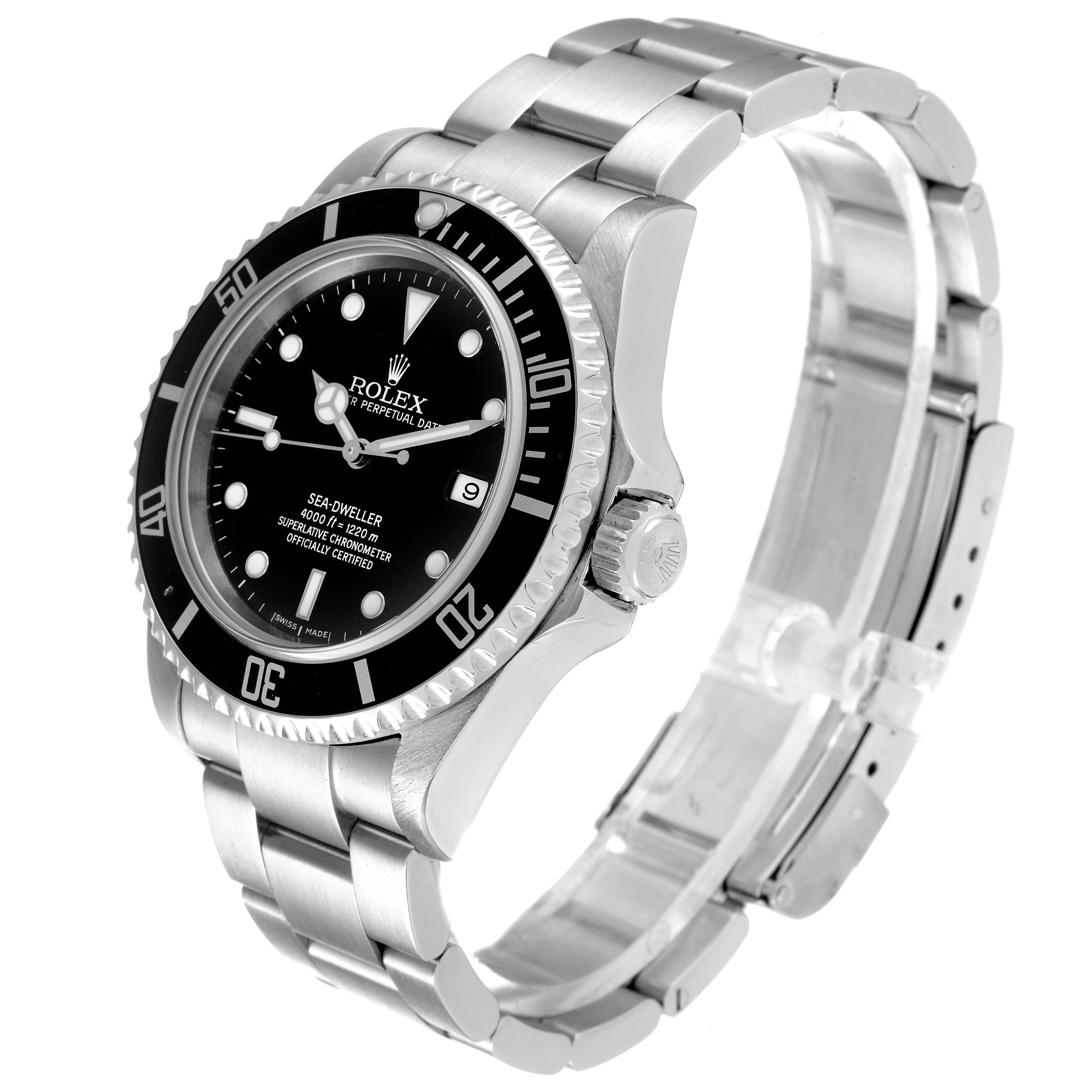 This image shows a side angle of the Rolex Sea-Dweller 16600T Men
s Stainless Steel Black Dial 16600T Men
s Stainless Steel Black Dial watch, highlighting its black bezel, dial, and metal bracelet.